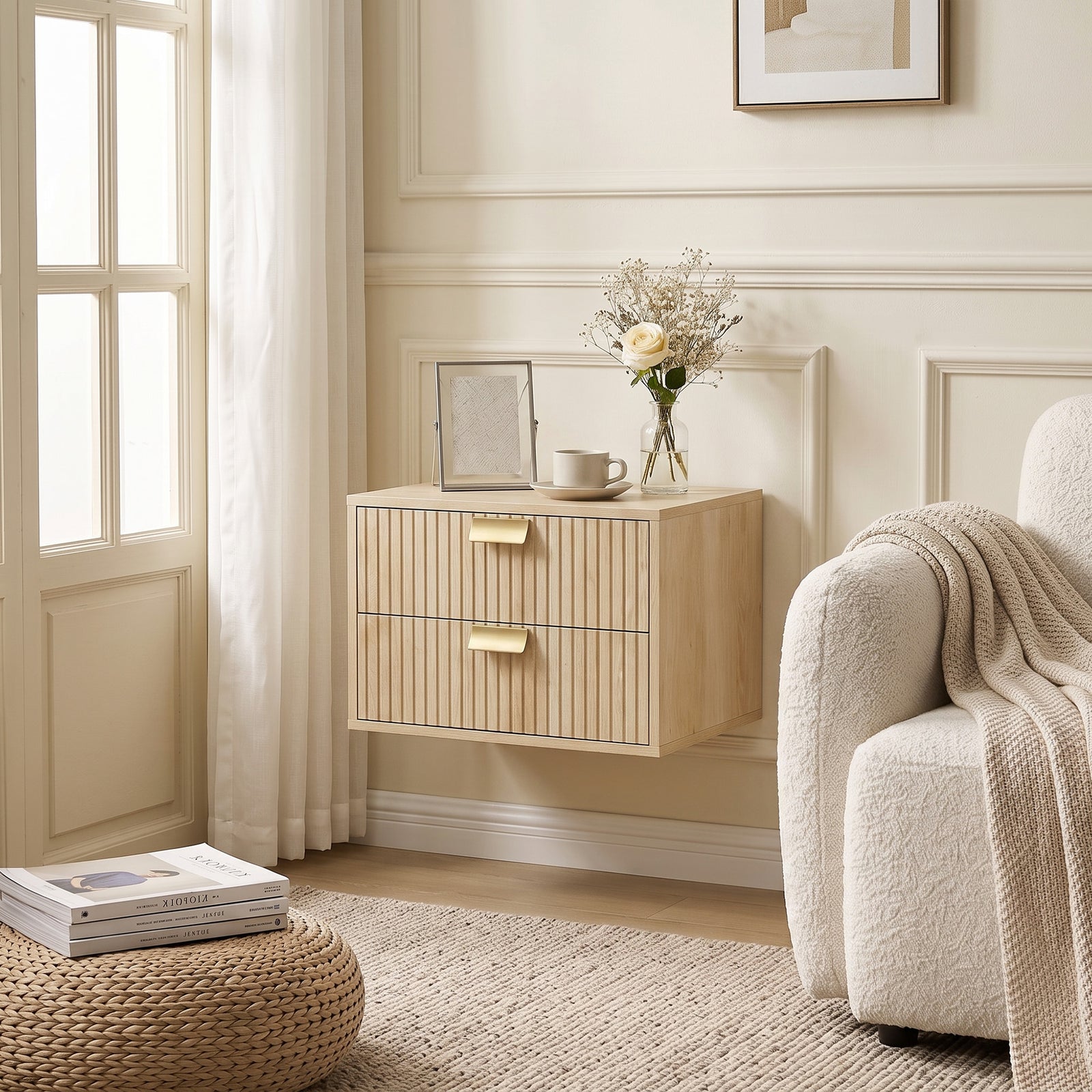 2pcs Modern Floating Nightstands,  2 Drawers Bedside Tables | Oak