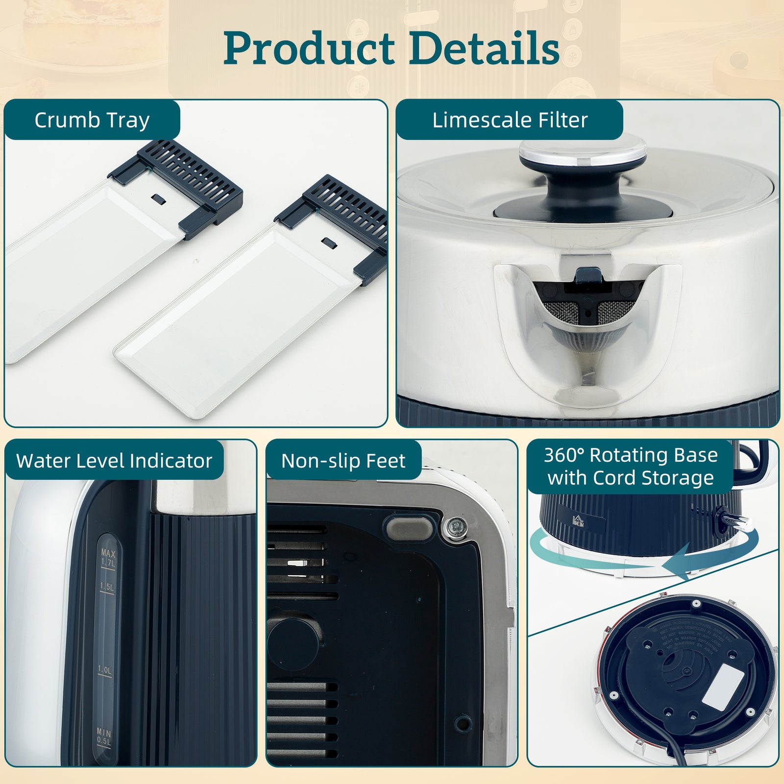 1.7l 3000w Rapid Boil Kettle And 4 Slice Toaster Set | Blue