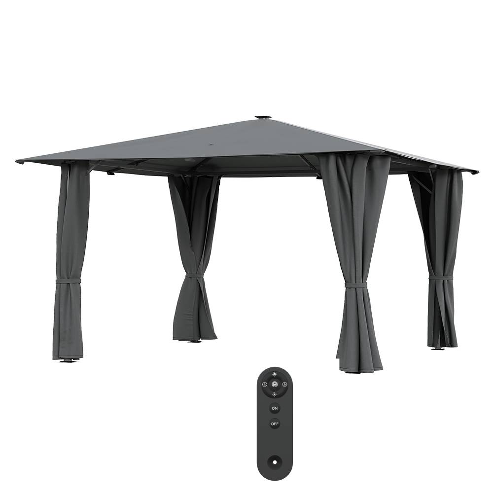 4m X 4m Outdoor Metal Gazebo With Pa-coated Canopy, Side Curtains & Solar Led Lights With Remote Patio Shelter | Dark Grey