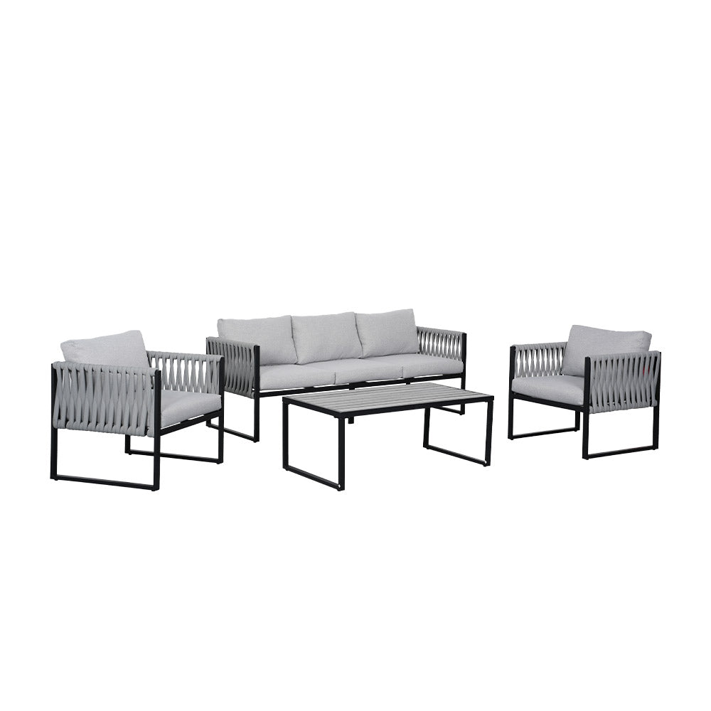 4-piece Garden Furniture Set With Sofa, 2 Armchairs & Table, Galvanised Steel Frame, Rope Weave Design, Weather-resistant Cushions | Light Grey
