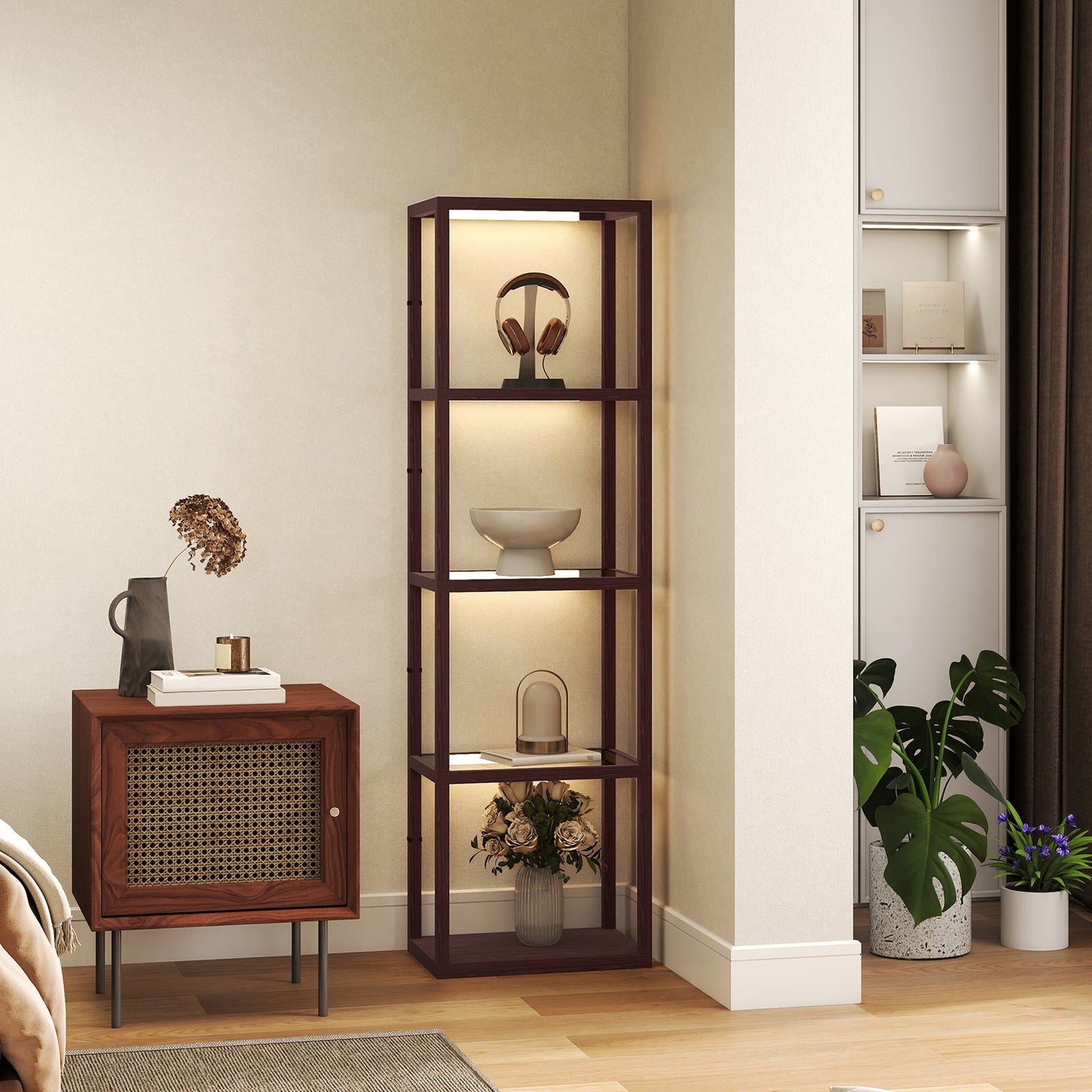 Led Floor Lamp With Glass Shelves, Dimmable Room Lamp | Dark Brown