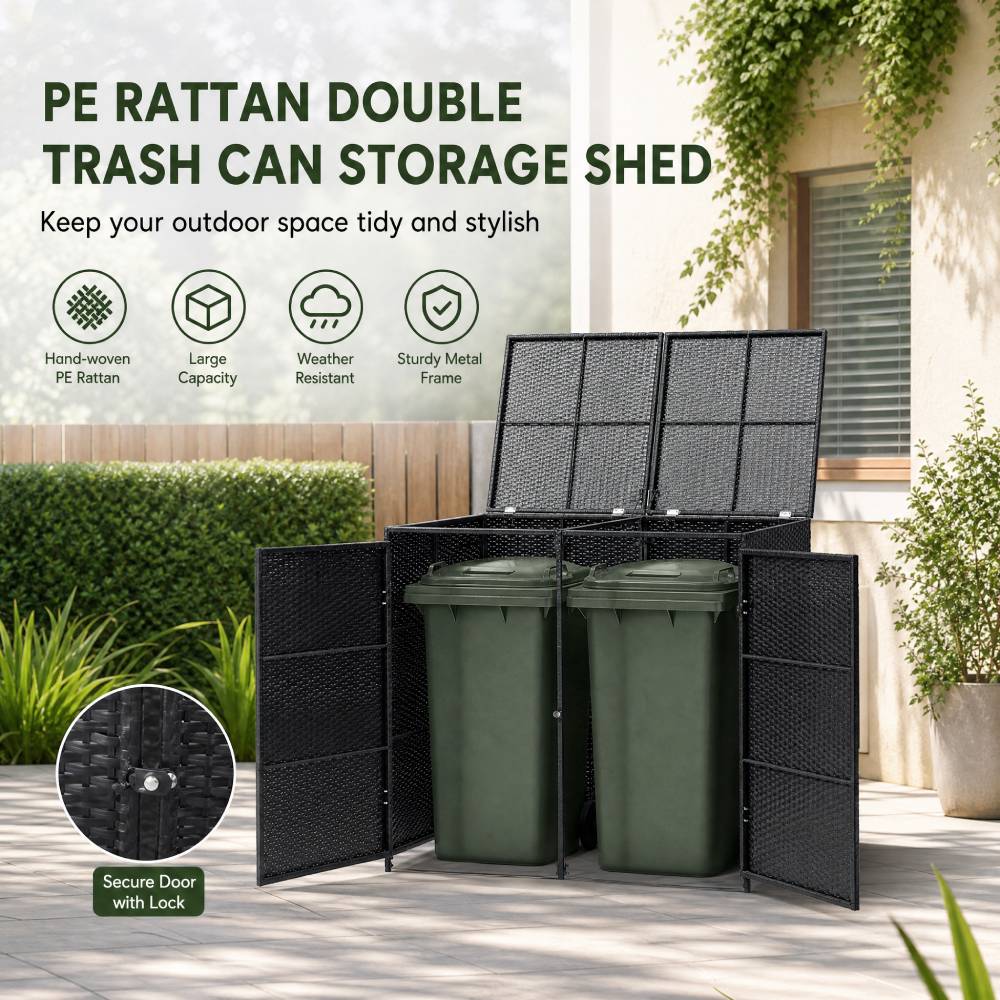 Pe Rattan Double Trash Can Storage Shed With Lid & Front Door, Outdoor Garbage Bin Enclosure, Metal Frame, Weather-resistant Wicker Design | Black