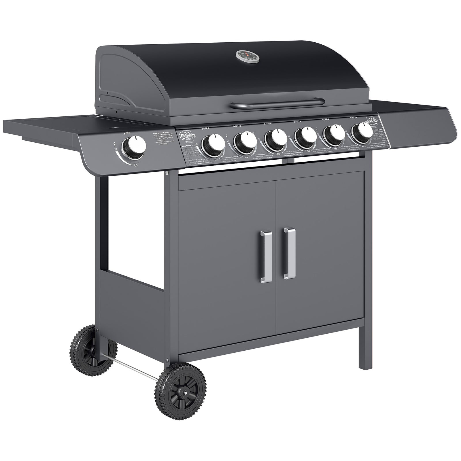 Outsunny 6+1 Burner Gas Bbq Grill Garden Barbecue W/ Wheels, Cabinet