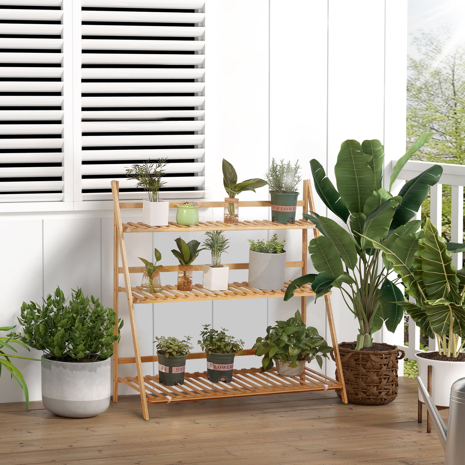 3-tier Folding Bamboo Plant Stand Display Shelf Rack Outdoor