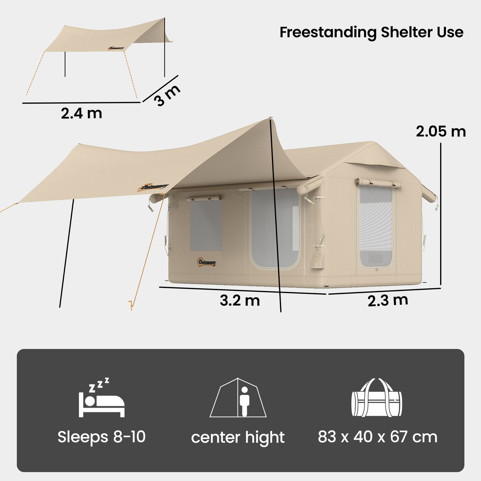 Outsunny Inflatable Tents 4 Season For 6-8 Person Khaki