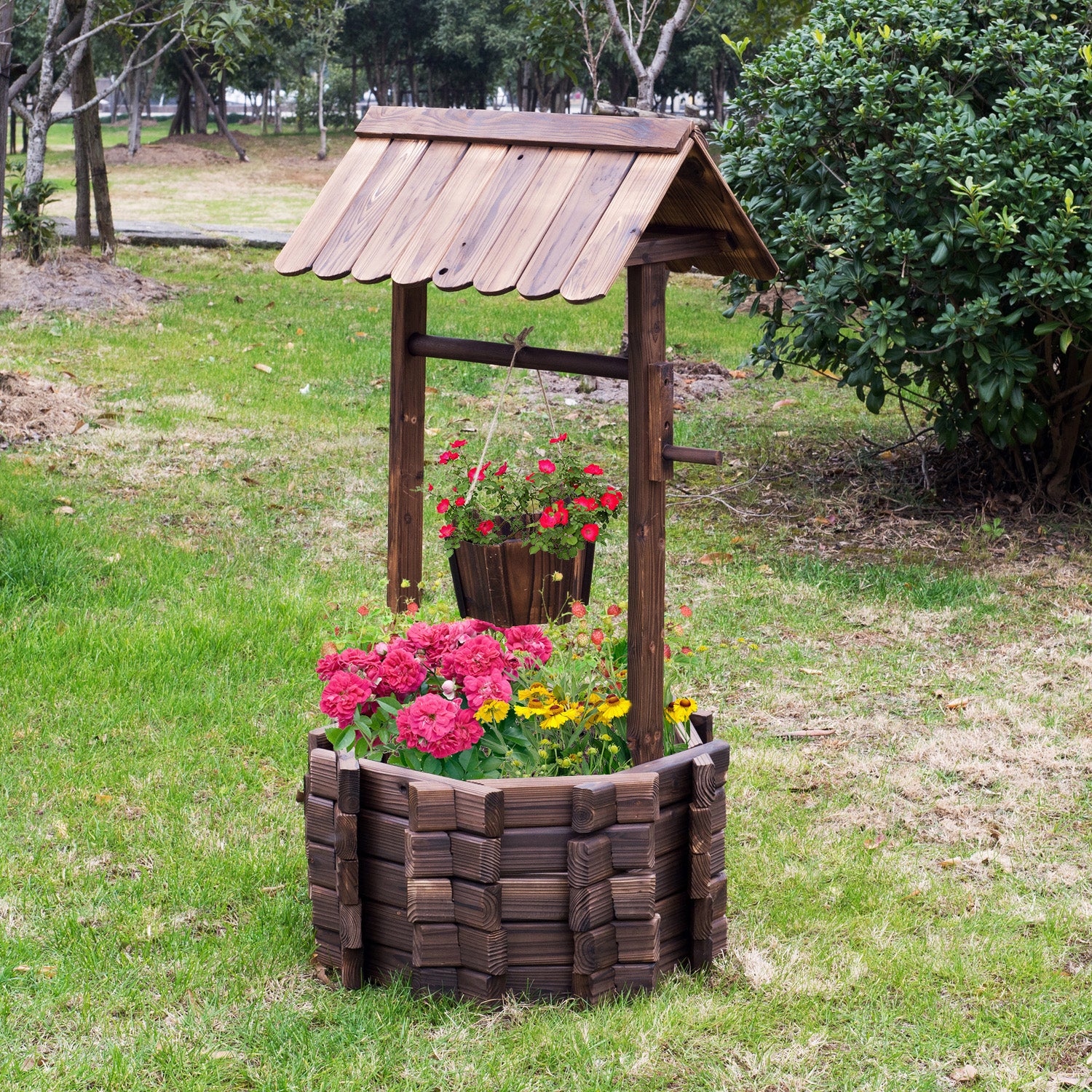 Wooden Wishing Well Planter For Garden, With Bucket