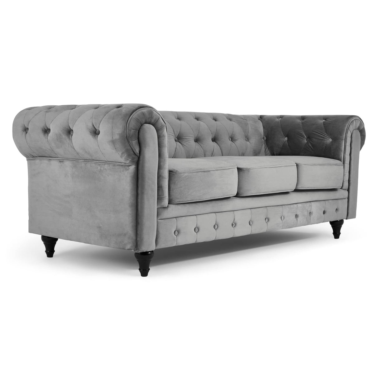 Chesterfield Scroll Arm Velvet Sofa 3 Seater | Grey
