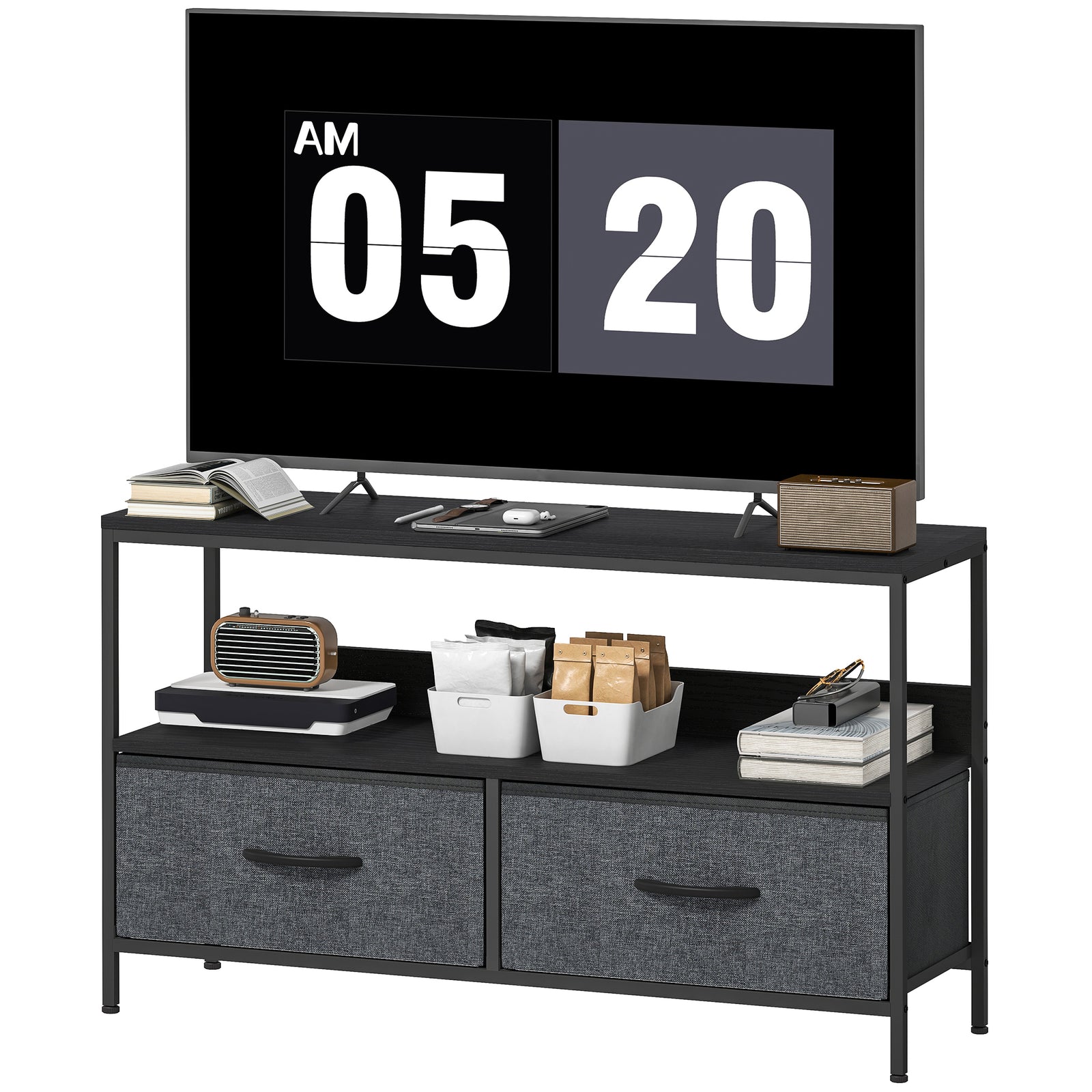 Tv Cabinet, Tv Console Unit With 2 Foldable Linen Drawers | Black