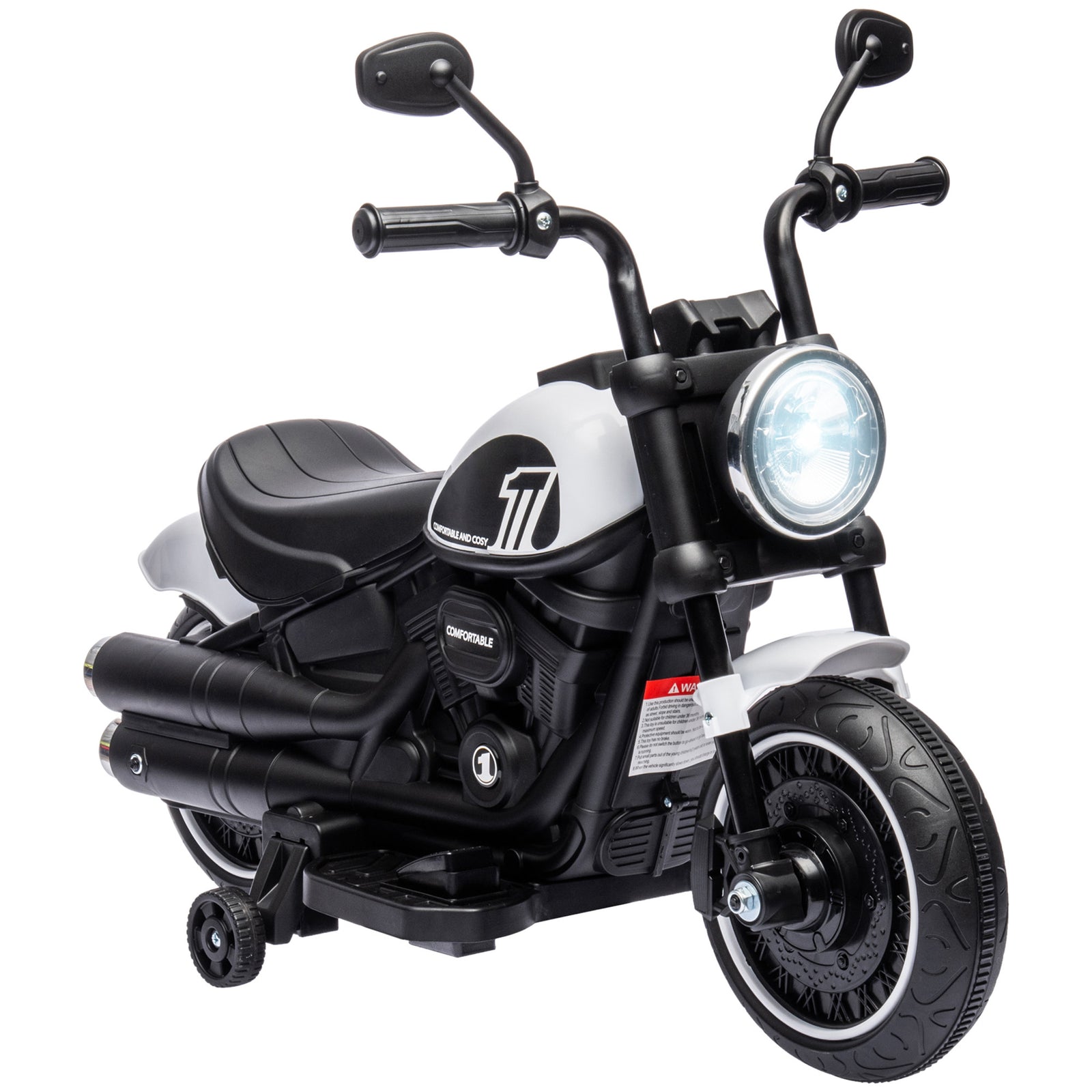 6v Electric Motorbike With Training Wheels, One-button Start | White