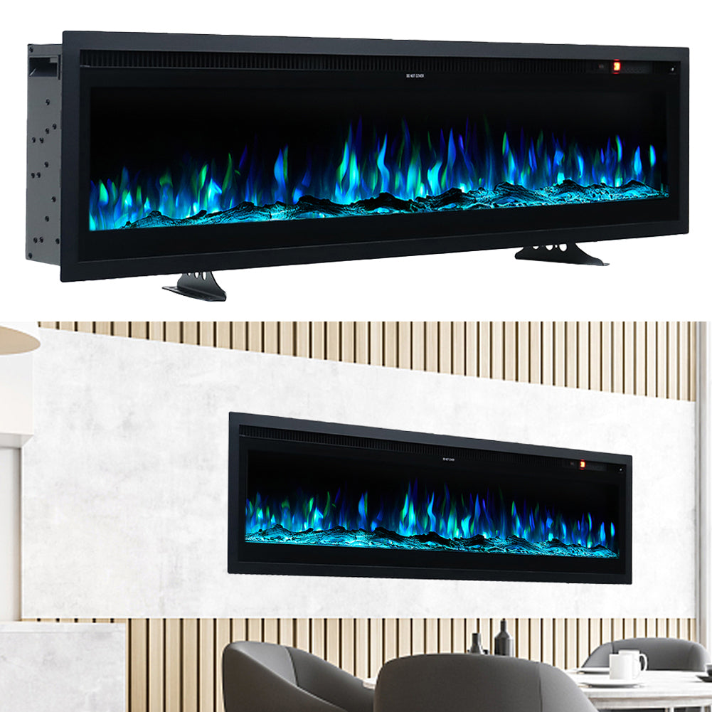 50/60-inch 3-in-1 Electric Fireplace, Wall Mounted / Recessed / Freestanding, Tempered Glass Panel, 12 Flame Colors, 5 Brightness Levels, Timer & Remote Control | Medium | Black