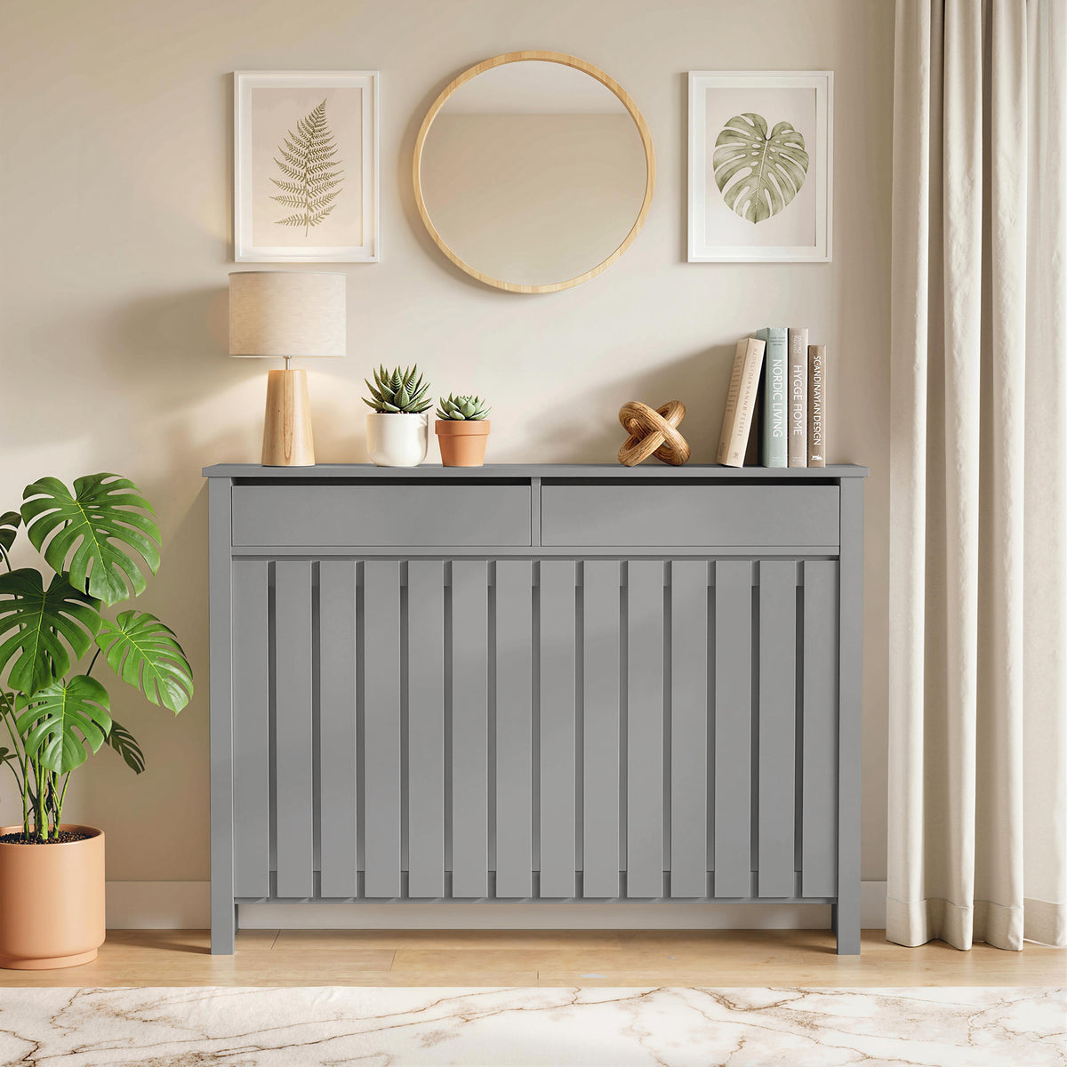 HOMCOM Large Radiator Cover With Drawers And Vertical Slats 119 X 19 X 93cm