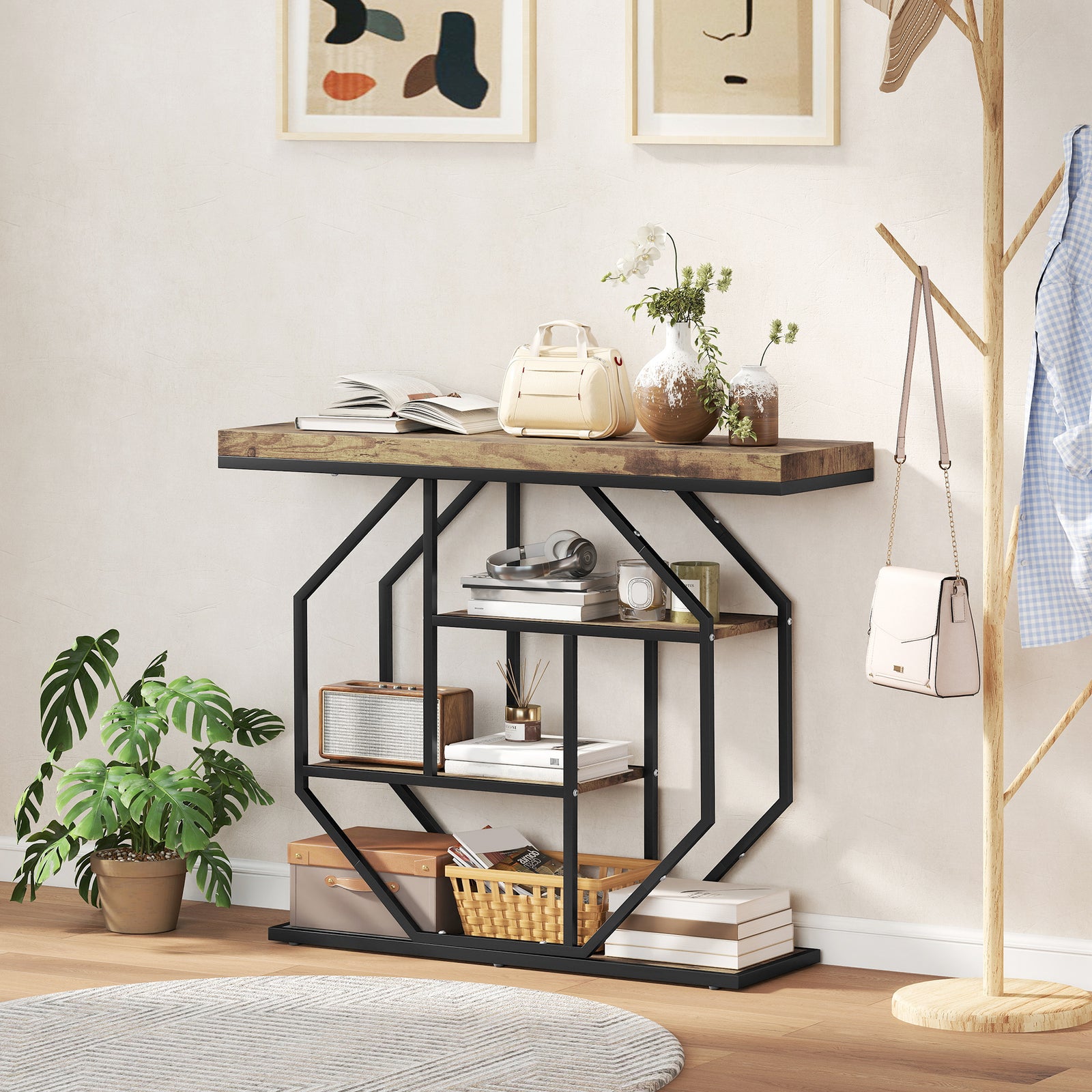 HOMCOM Industrial Console Table, Hallway Table With 4-tier Shelves