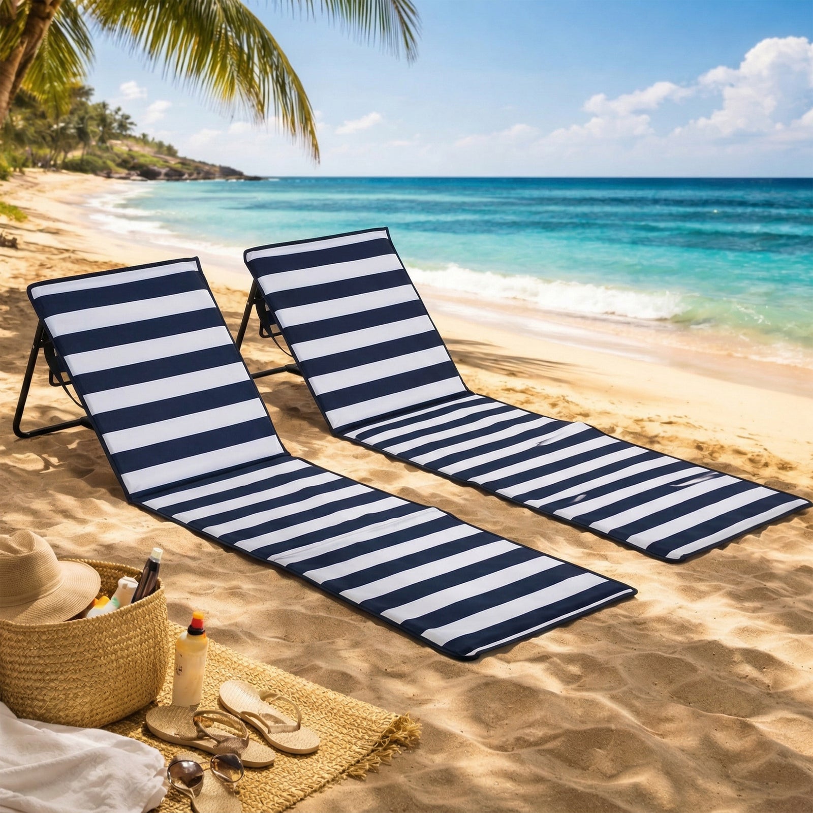 Garden Beach Chair Mat, Sun Lounger Seats With Adjustable | Blue & White