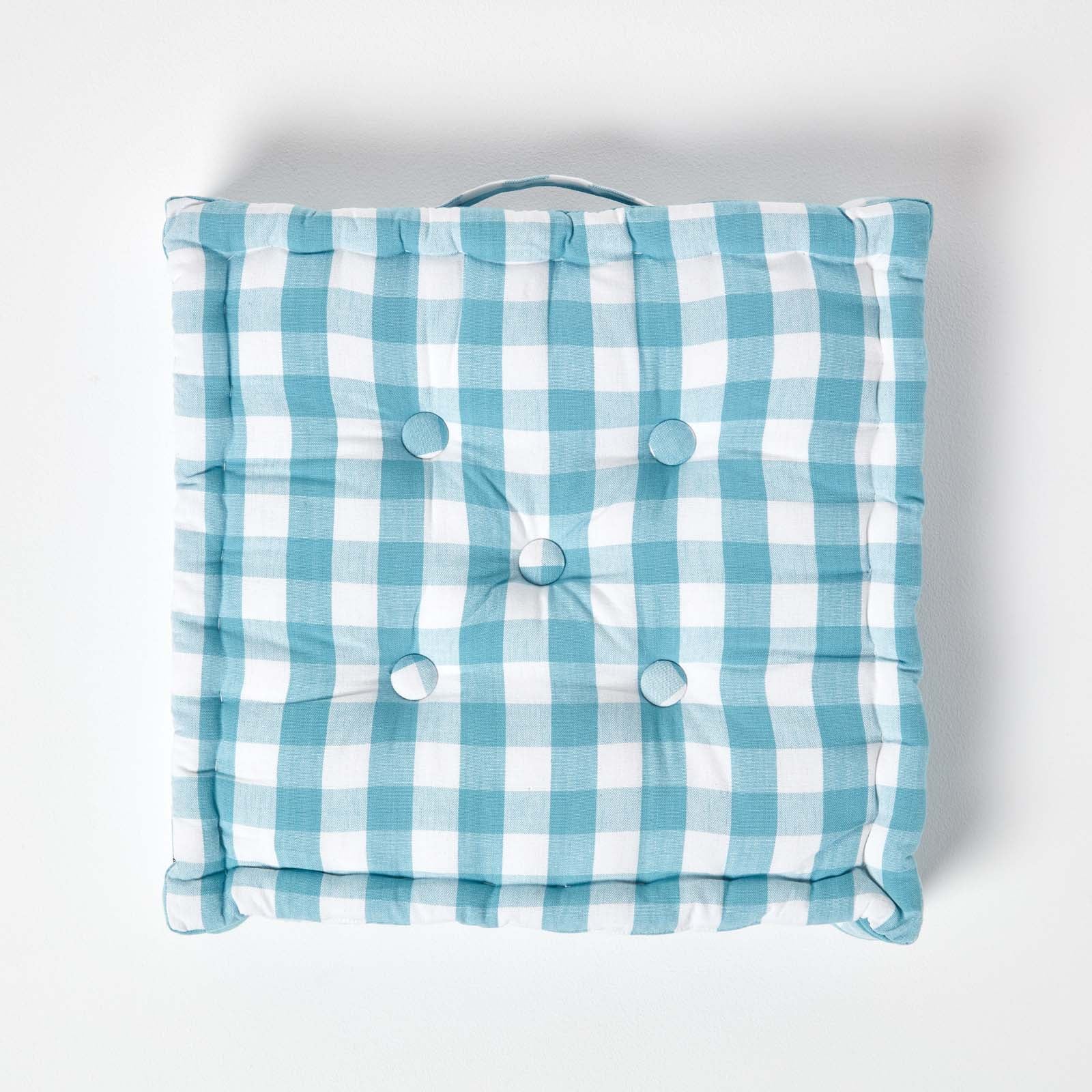 Block Check Cotton Gingham Floor Cushion | 40cm x 40cm | Blue