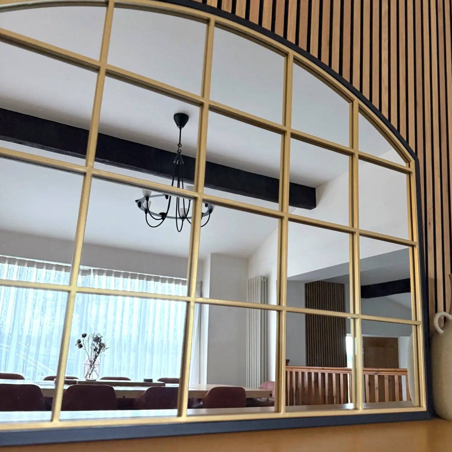 Tomi - Metal Arched Lattice Window Mirror | 95cm x 120cm | Black & Gold