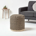 HOMESCAPES Black And Cream Aztec Style Jute Footstool Beanbag Round 45 X 40 Cm