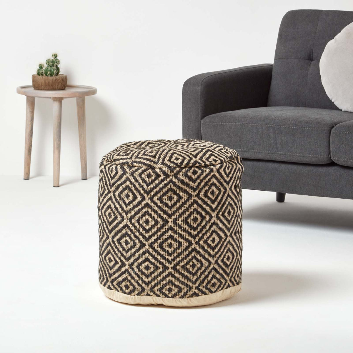 HOMESCAPES Black And Cream Aztec Style Jute Footstool Beanbag Round 45 X 40 Cm