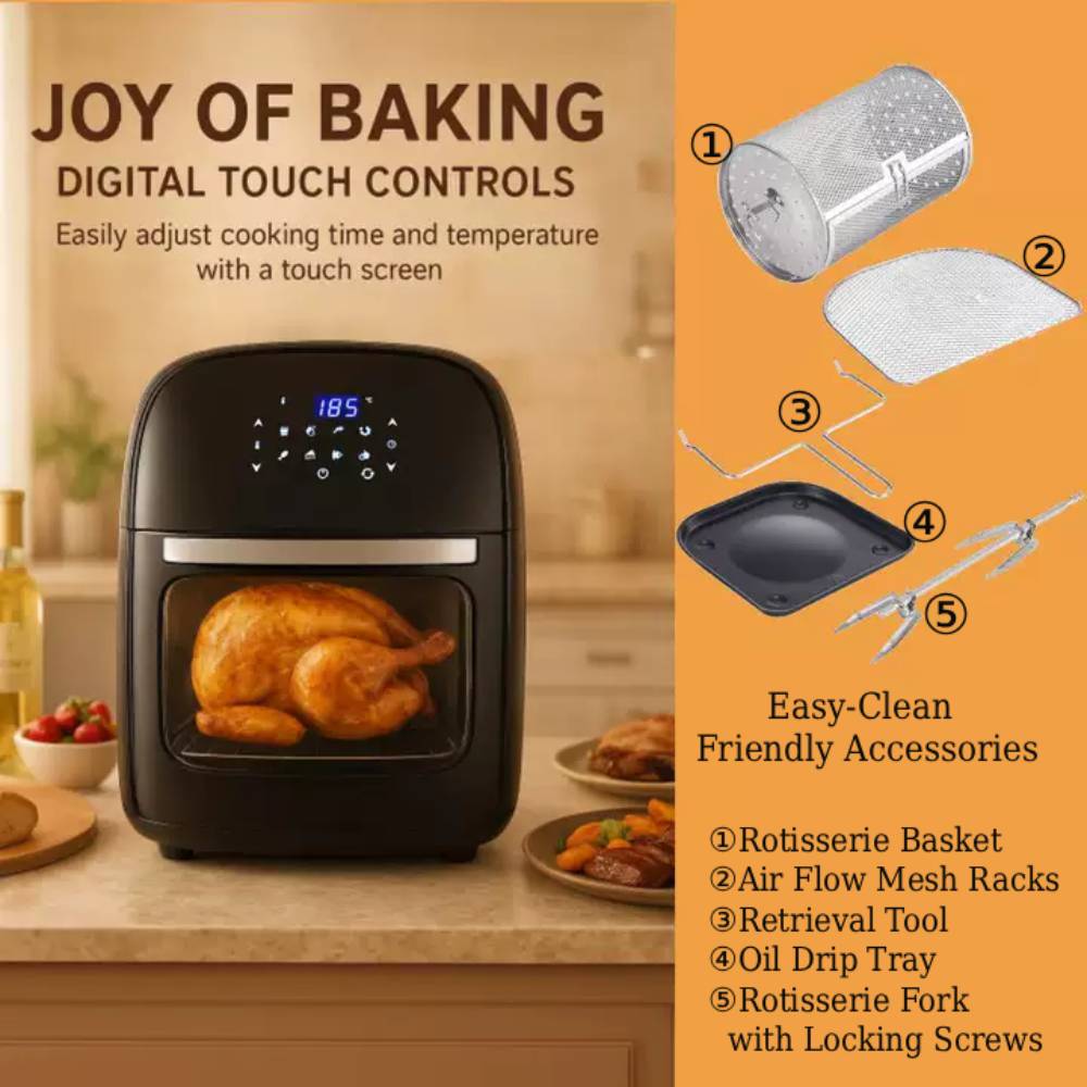 12l Digital Air Fryer Oven With Rotisserie & Skewer Set – 1800w Large Capacity, Touch Panel, 8 Preset Modes, Mesh Tray & Oil Collection Tray