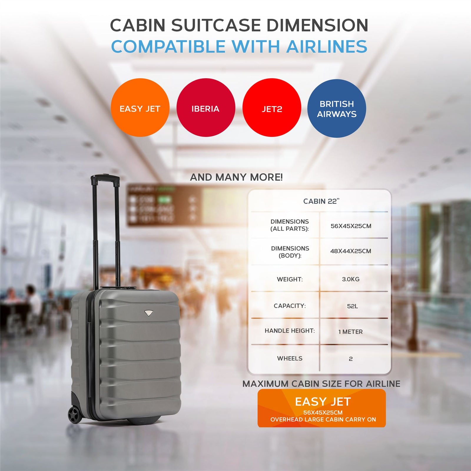 56x45x25cm Hard Cabin Suitcase - Lightweight 2-Wheel ABS Carry On Hand Luggage | Cabin | Charcoal