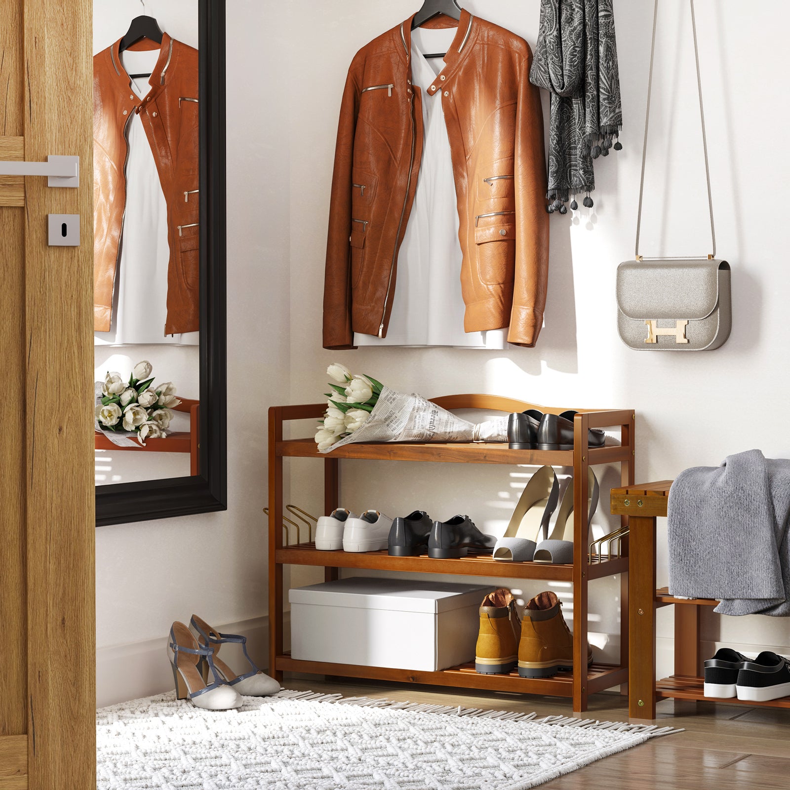 3-tier Shoe Rack Acacia Wood Shoe Storage Shelf Bedroom