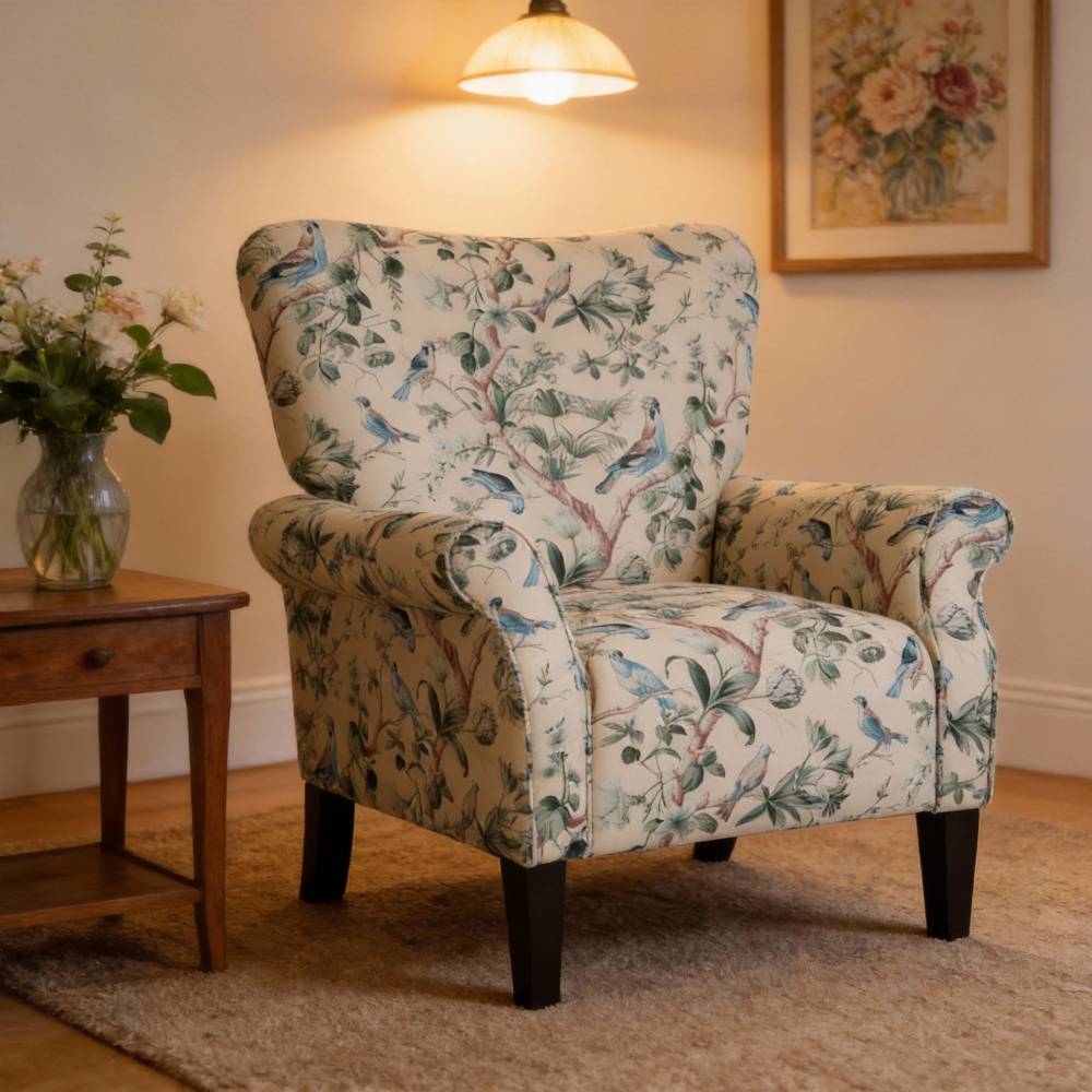 Vintage Floral and Bird Upholstered Armchair, Linen Fabric Accent Chair with Elegant Tufting