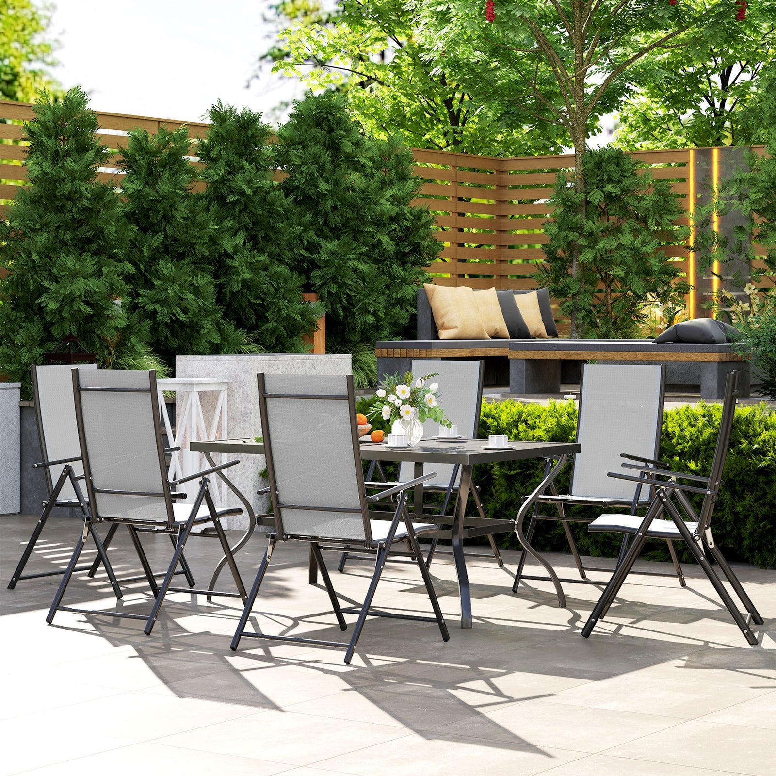 7 Pcs Garden Dining Set, Folding Chairs And Metal Top Table | Gray