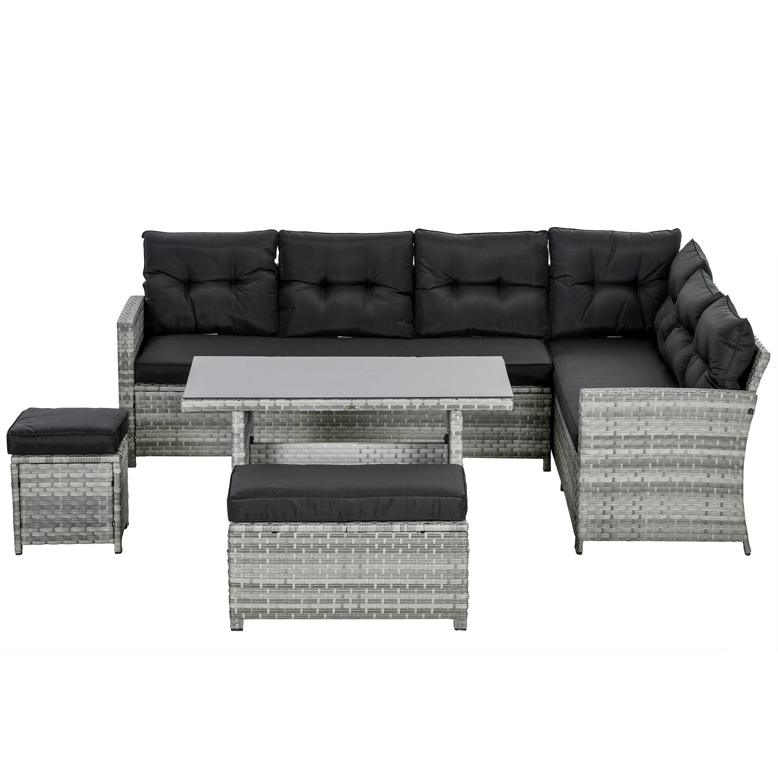 5 Pieces Rattan Set W/ Sofa, Table, Stools, Cushions