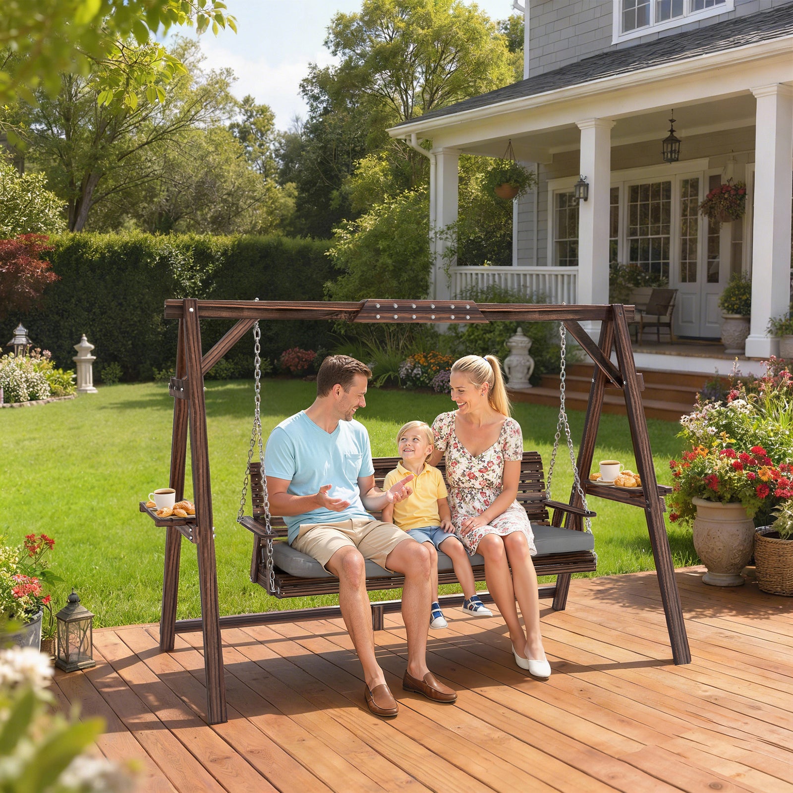 3 Seater Wooden Garden Swing Seat Chair With Side Trays And Cushion