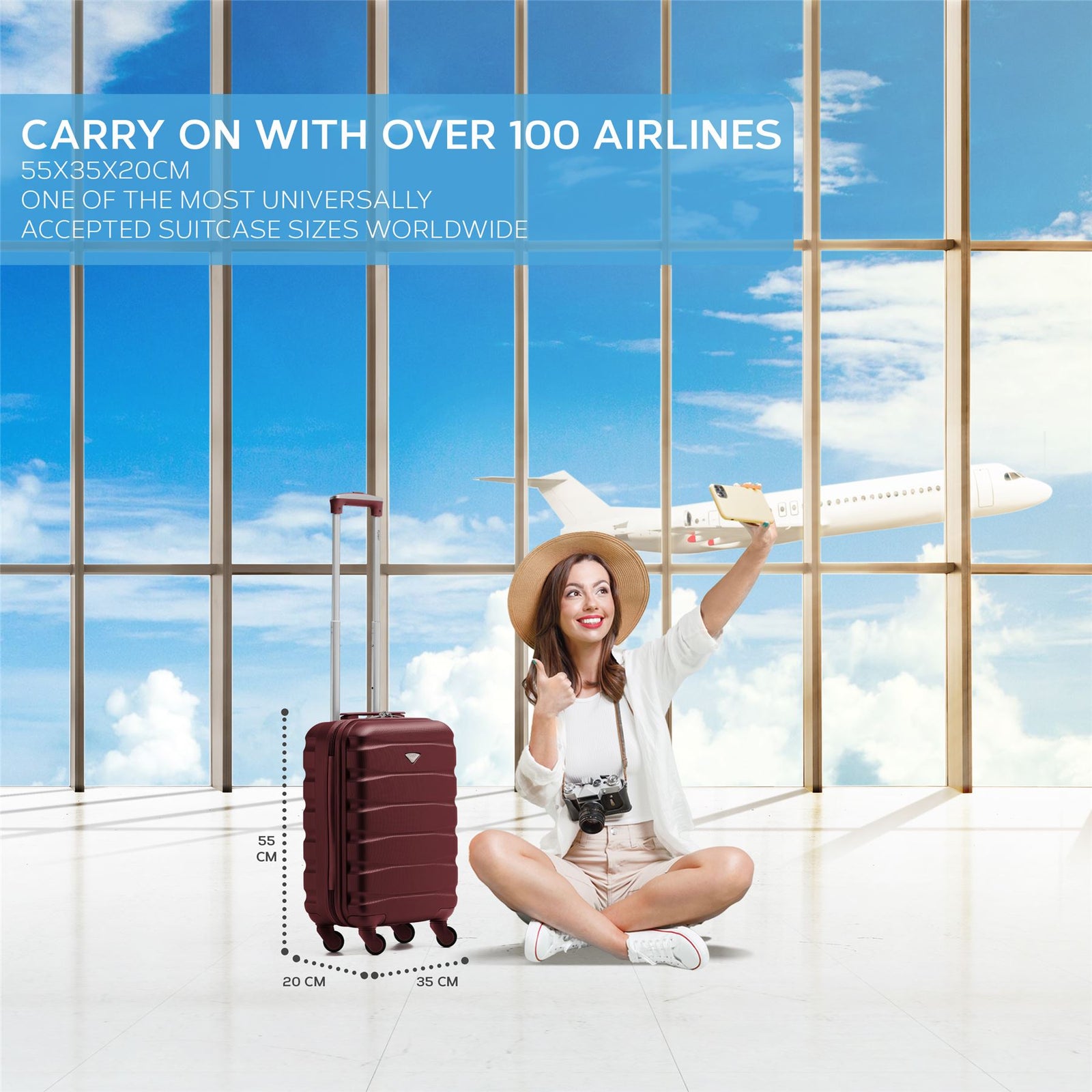 55x35x20cm Cabin Carry On Suitcase Hard Shell Overhead Luggage 100+ Airlines Approved | Cabin | Burgundy