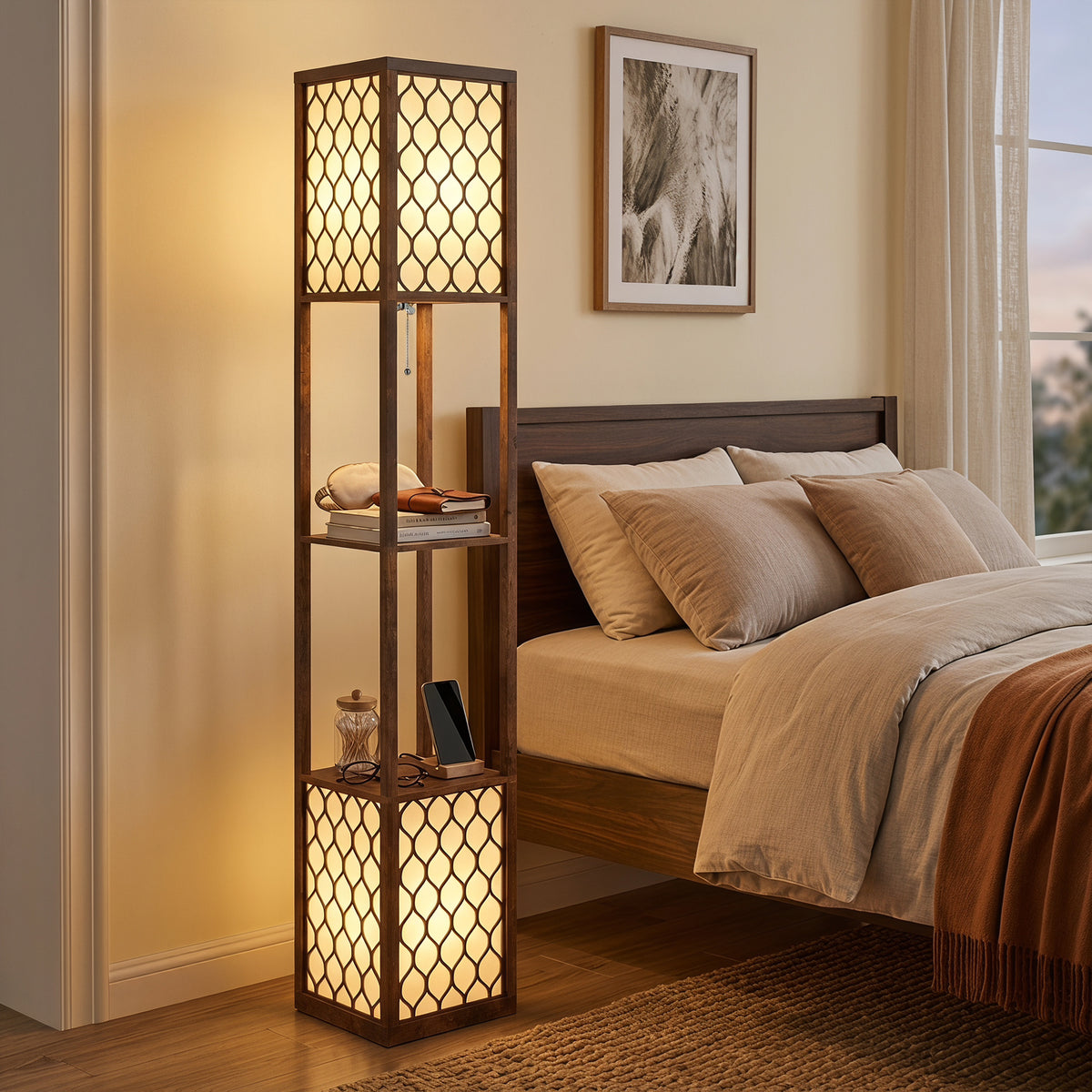 2-light Modern Floor Lamp W/ Shelves, Bedroom | Rustic Brown