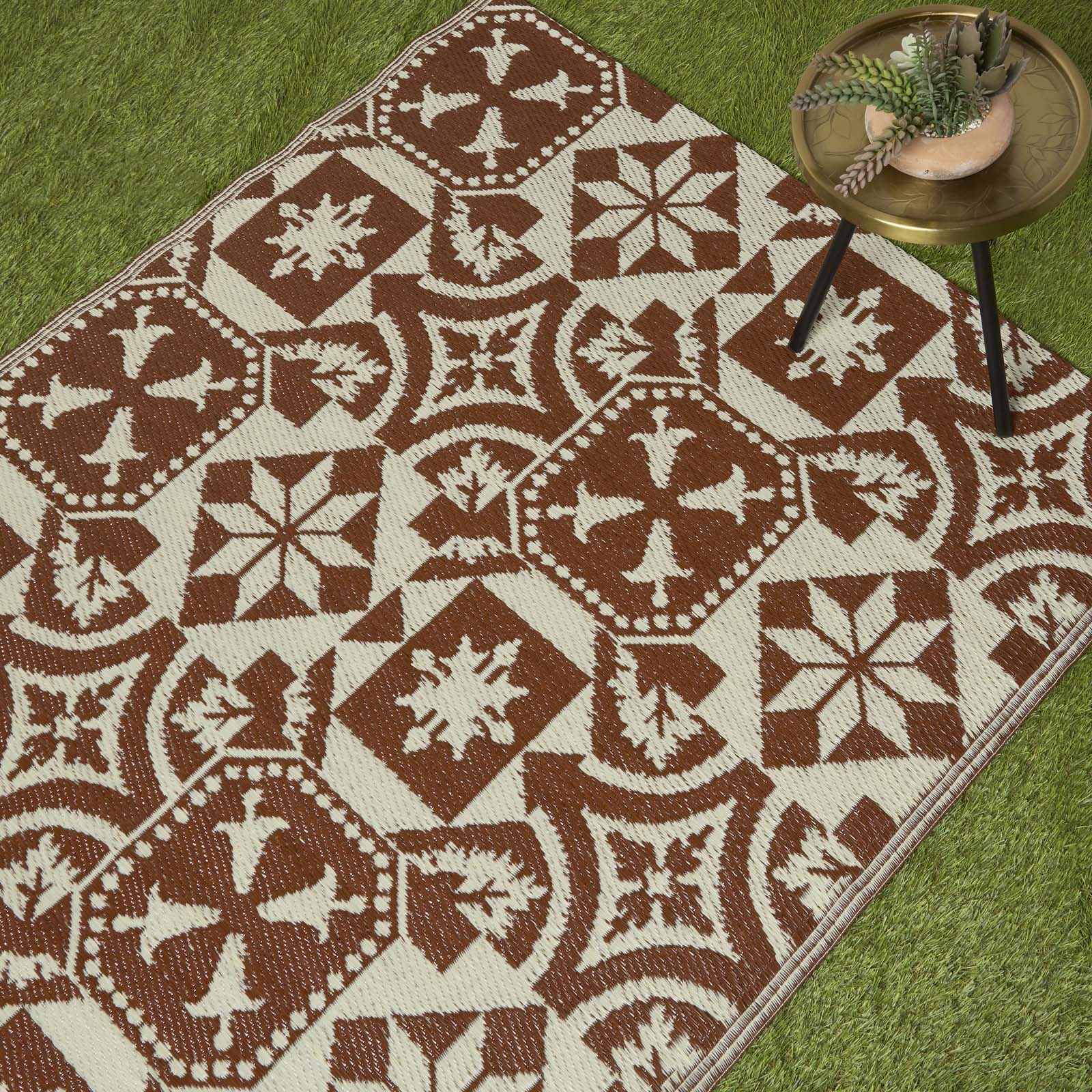 Luxury Outdoor Rug Waterproof Reversible For Garden Patio, Brown Tile Mosaic