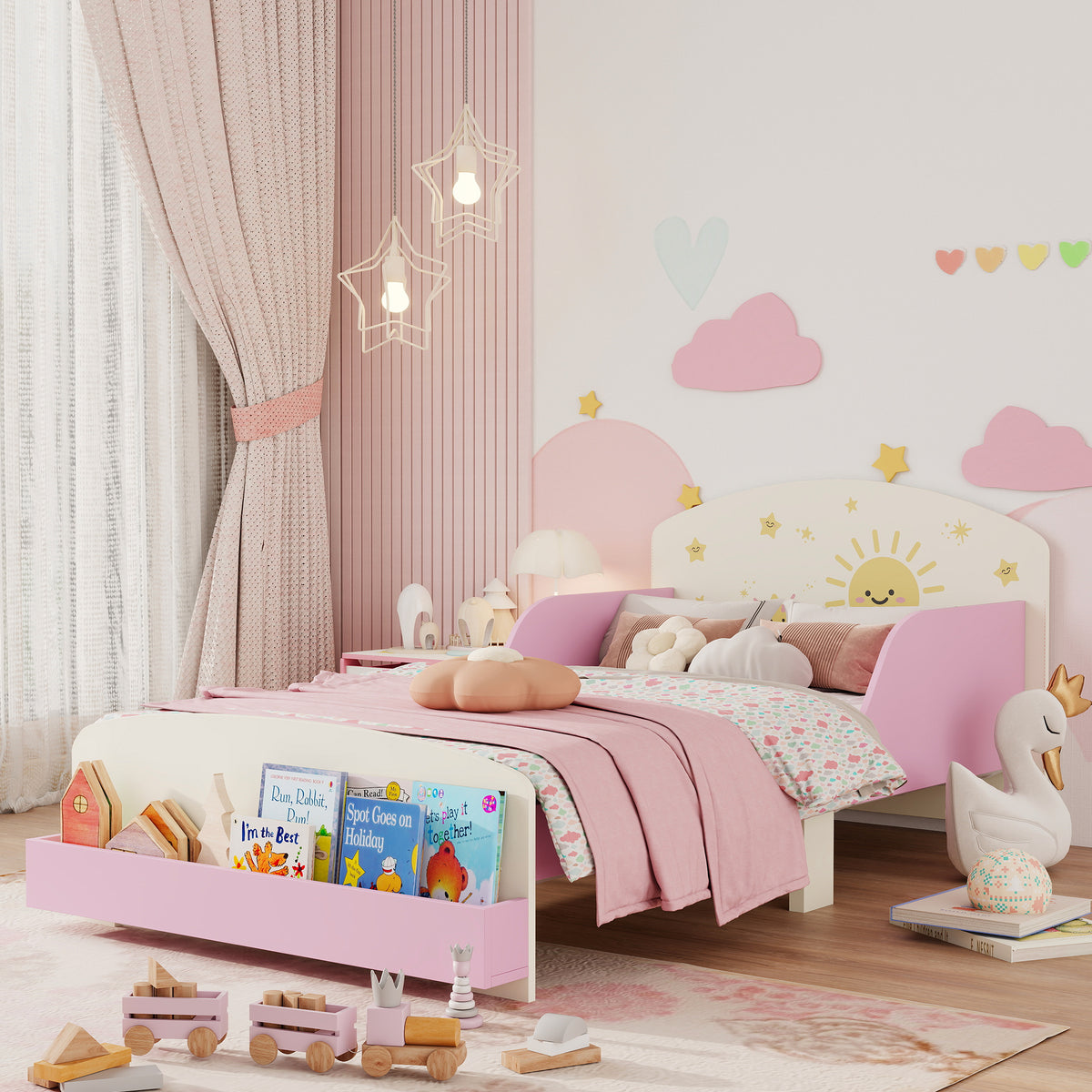 Toddler Bed, Sun-themed Kids Bed Frame With Storage | Pink