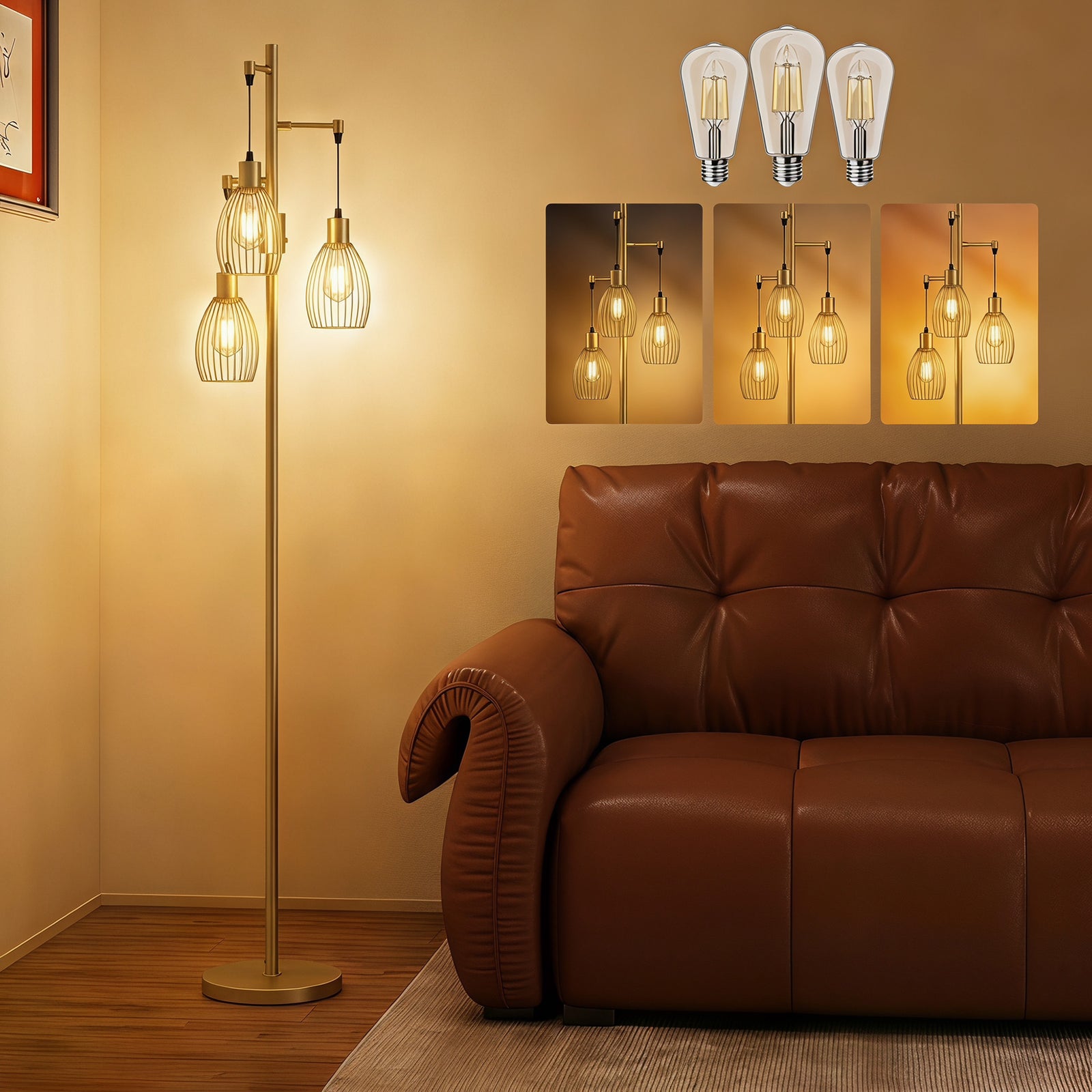 Industrial 3-light Floor Lamp Dimmable Led Standing Lamp | Gold