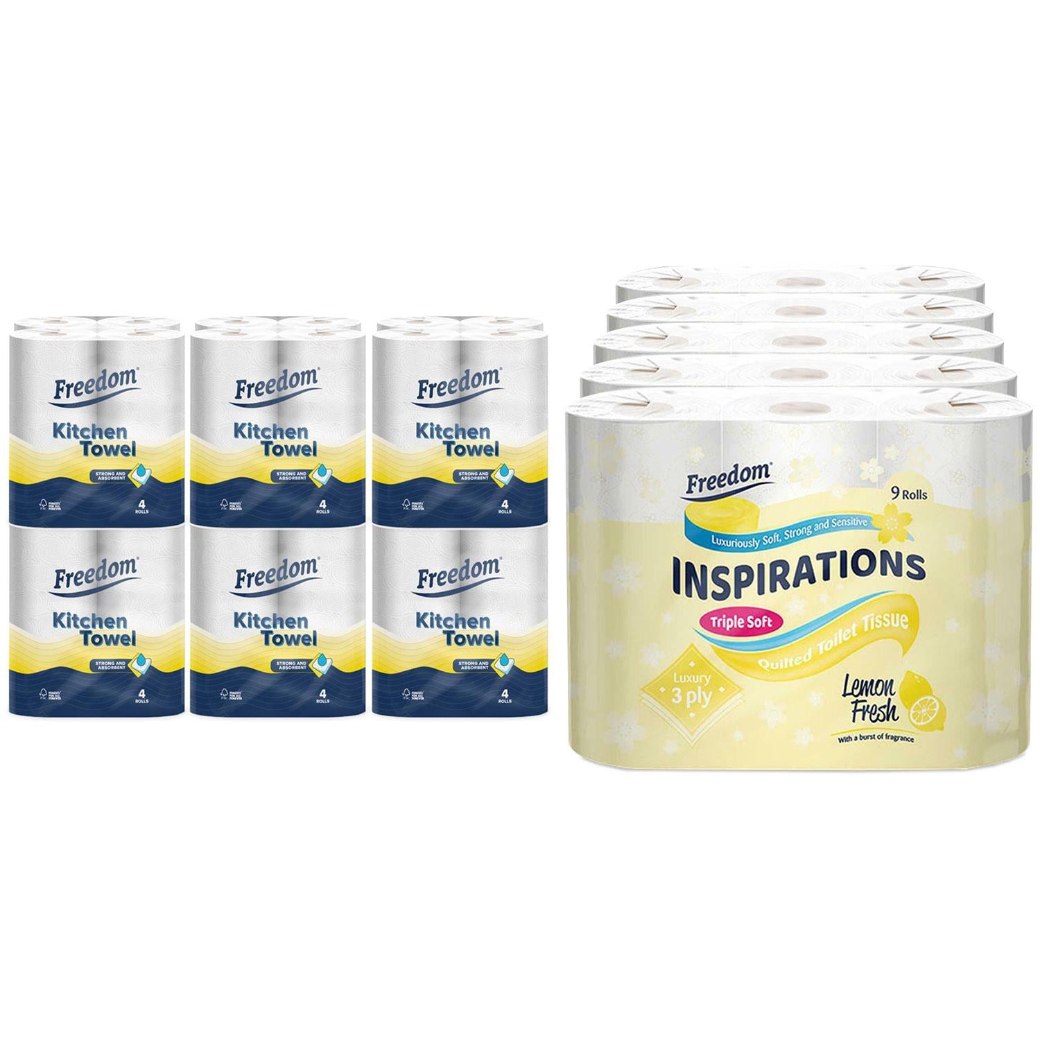 Freedom Lemon 3-ply 45 Rolls + Rhino Kitchen Paper 24 Rolls
