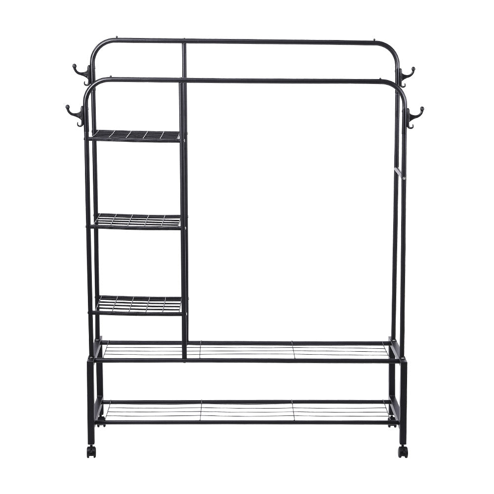 Double-rod Clothes Rack With Shelves And Wheels