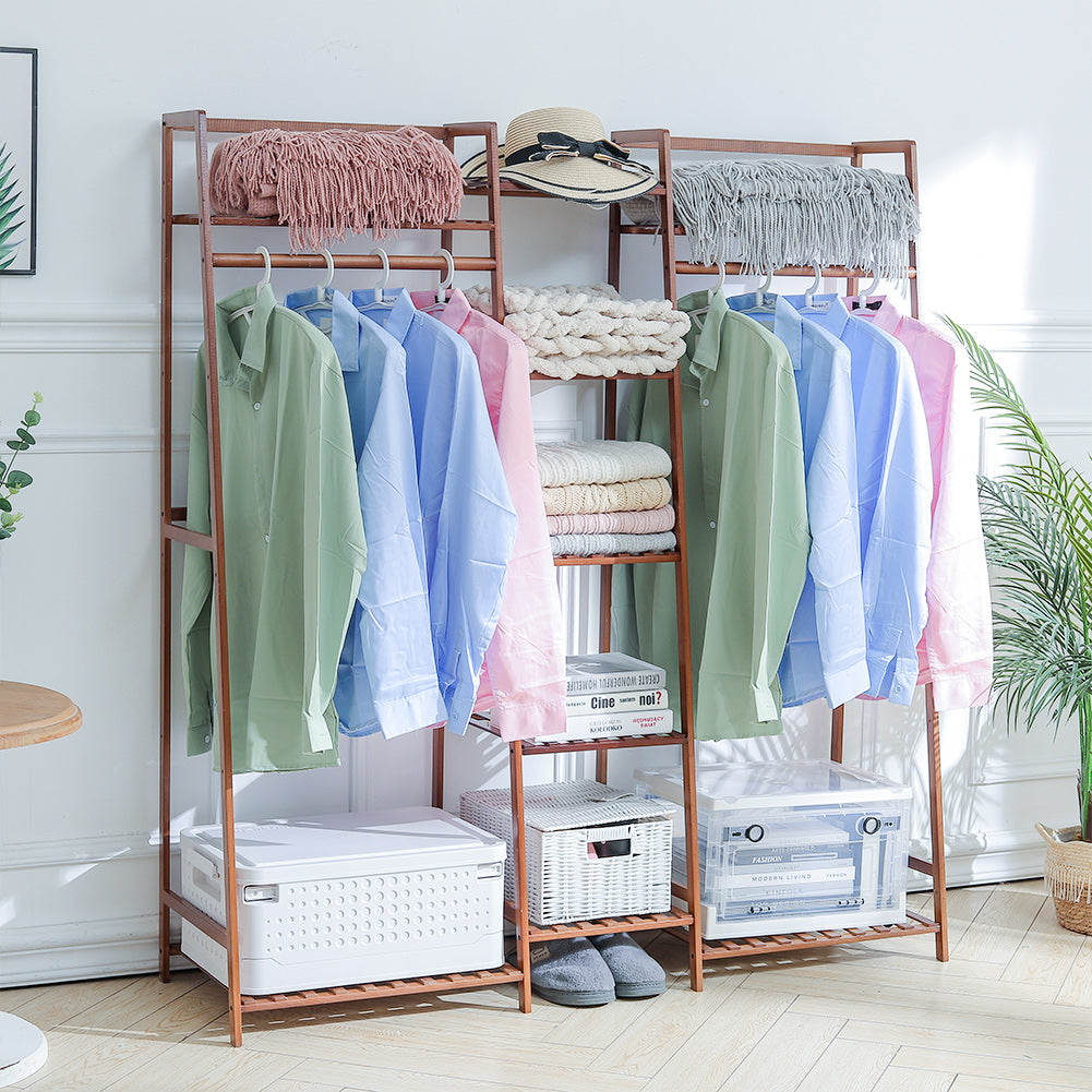 Bamboo Trapezoid Clothing Rack With 5-tier Storage Shelves Multi-functional Clothes Hanging Rack Stand | Brown