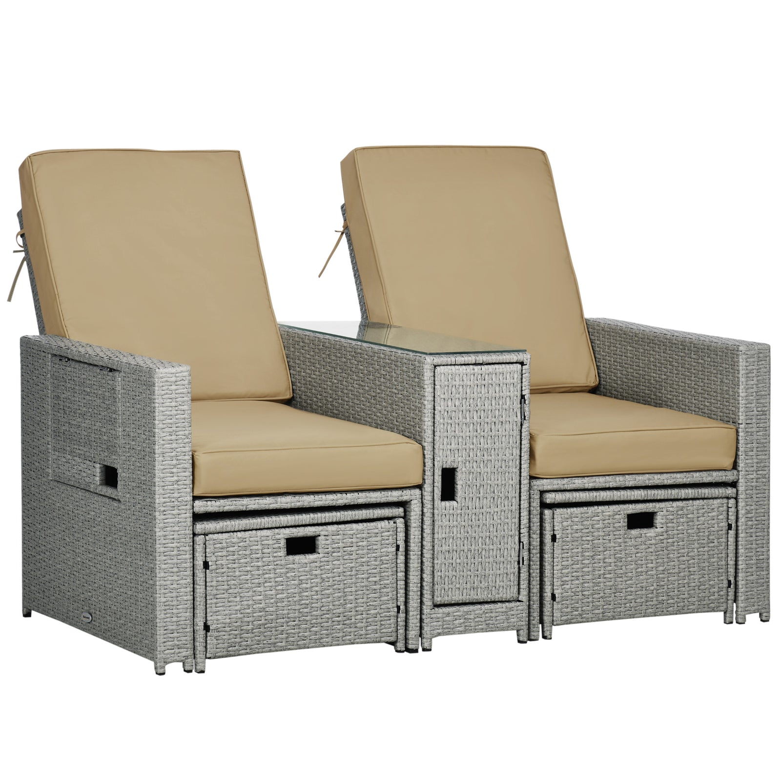5-level Rattan Sun Lounger W/ Tea Table & Footstools | Beige