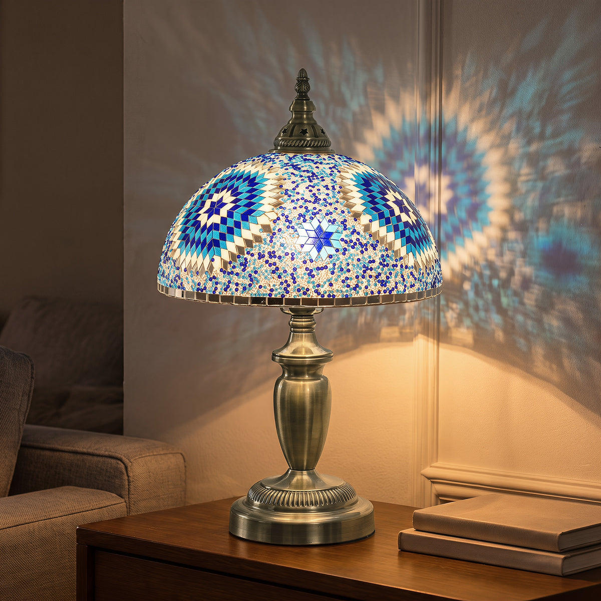 30cm Tiffany Lamp With Button Switch And Metal Base, Blue