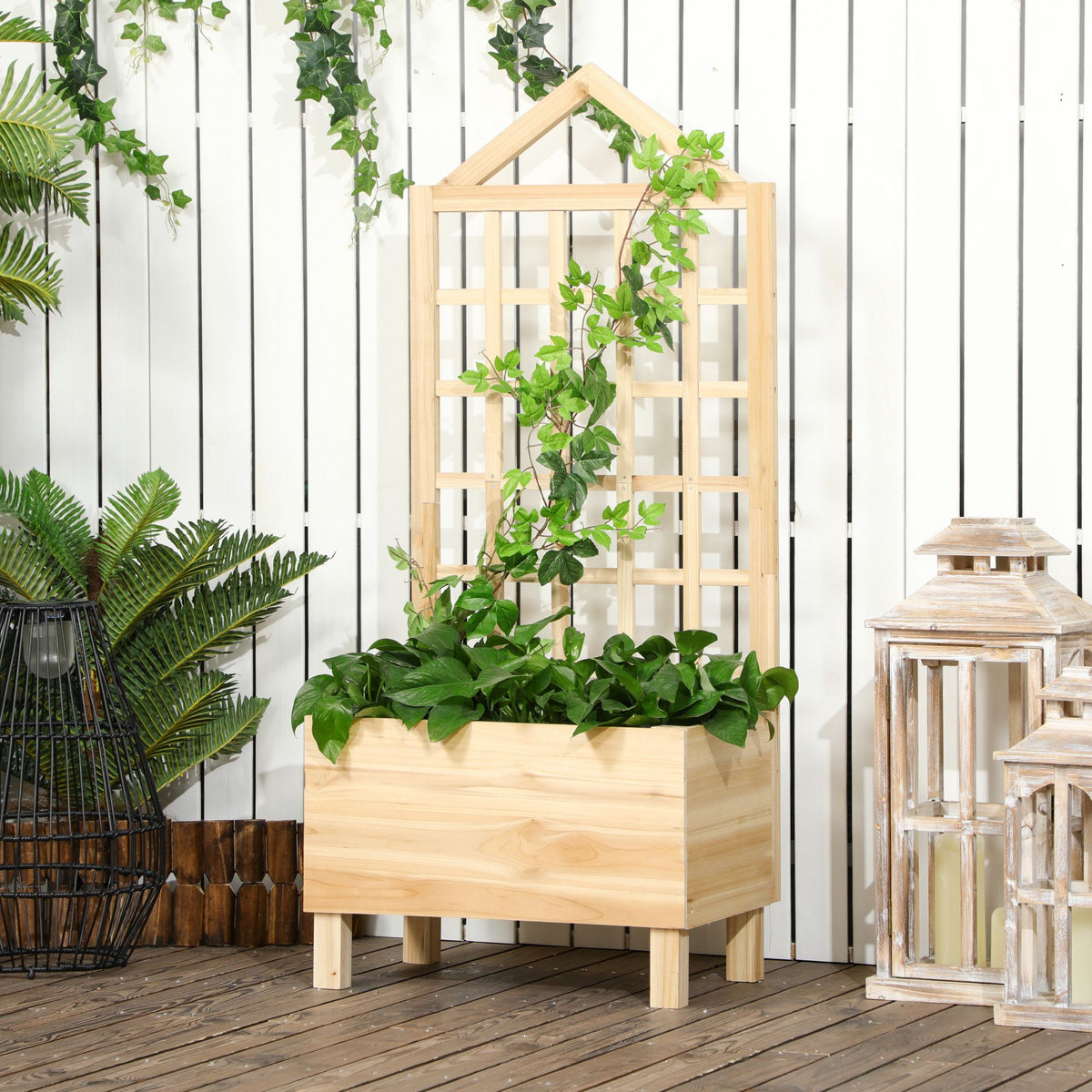 Outsunny Wooden Garden Planters With Trellis For Vine Climbing Plants, Natural