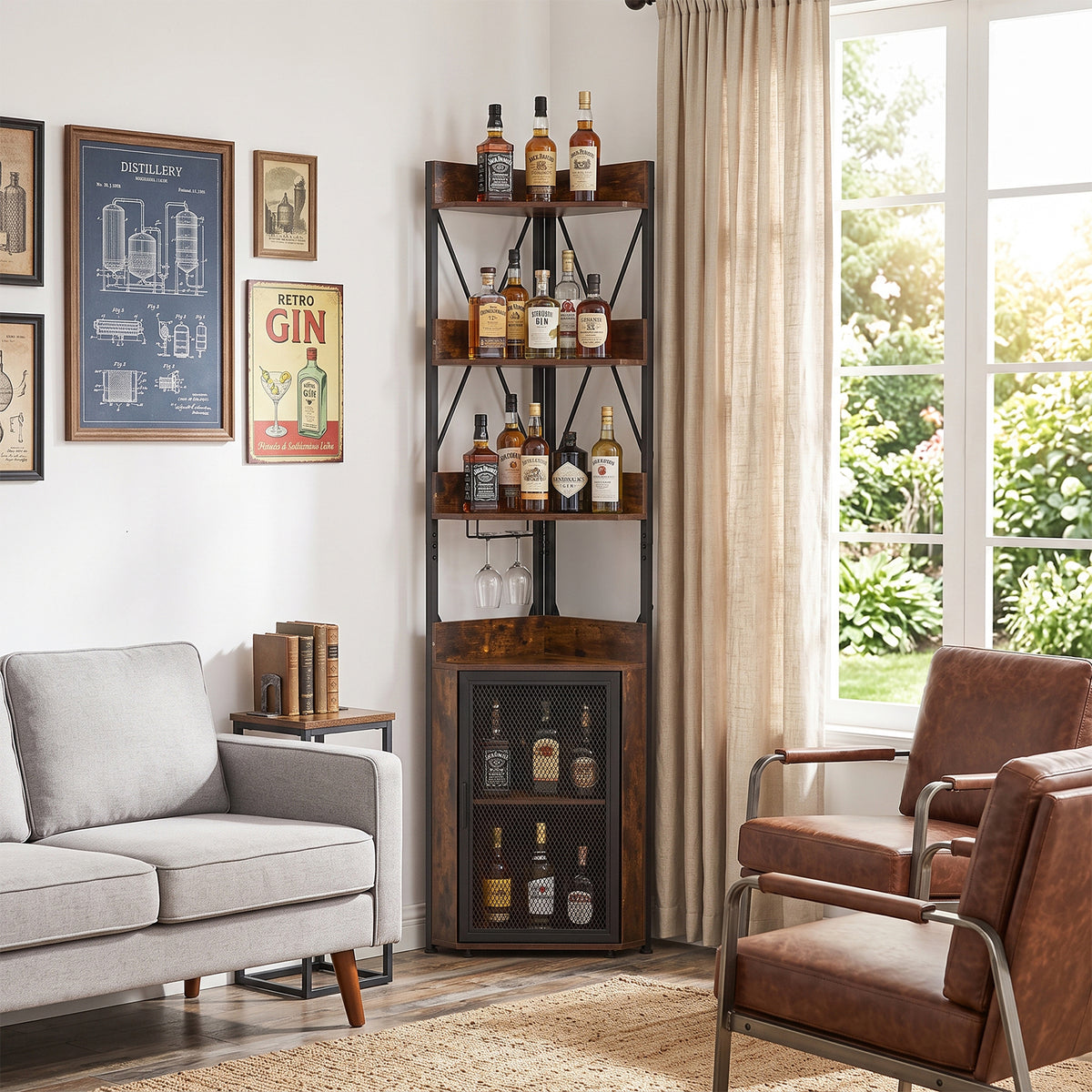 Living and Home Freestanding Tall Corner Wine Rack Bar Cabinet With Glass Holder