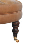 Artisan Furniture Solid Wood Brown Buffalo Leather Round Ottoman With Castor Legs, Upholstered