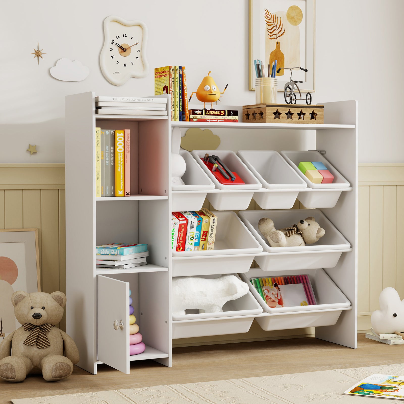 Toy Storage Unit With 8 Removable Bins, Storage Shelves, Cabinet | White
