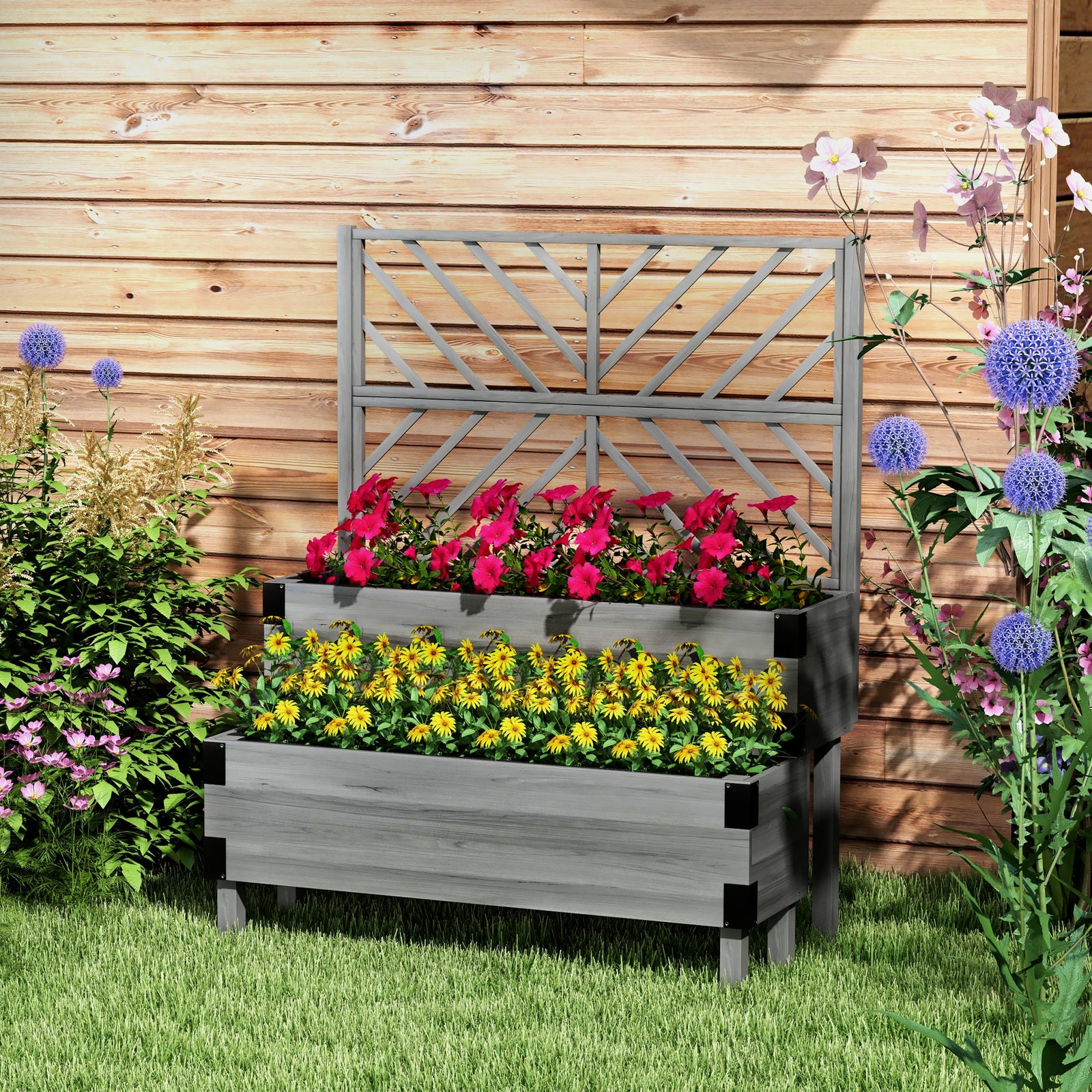 2-tier Wooden Raised Bed With Trellis, Garden Planter