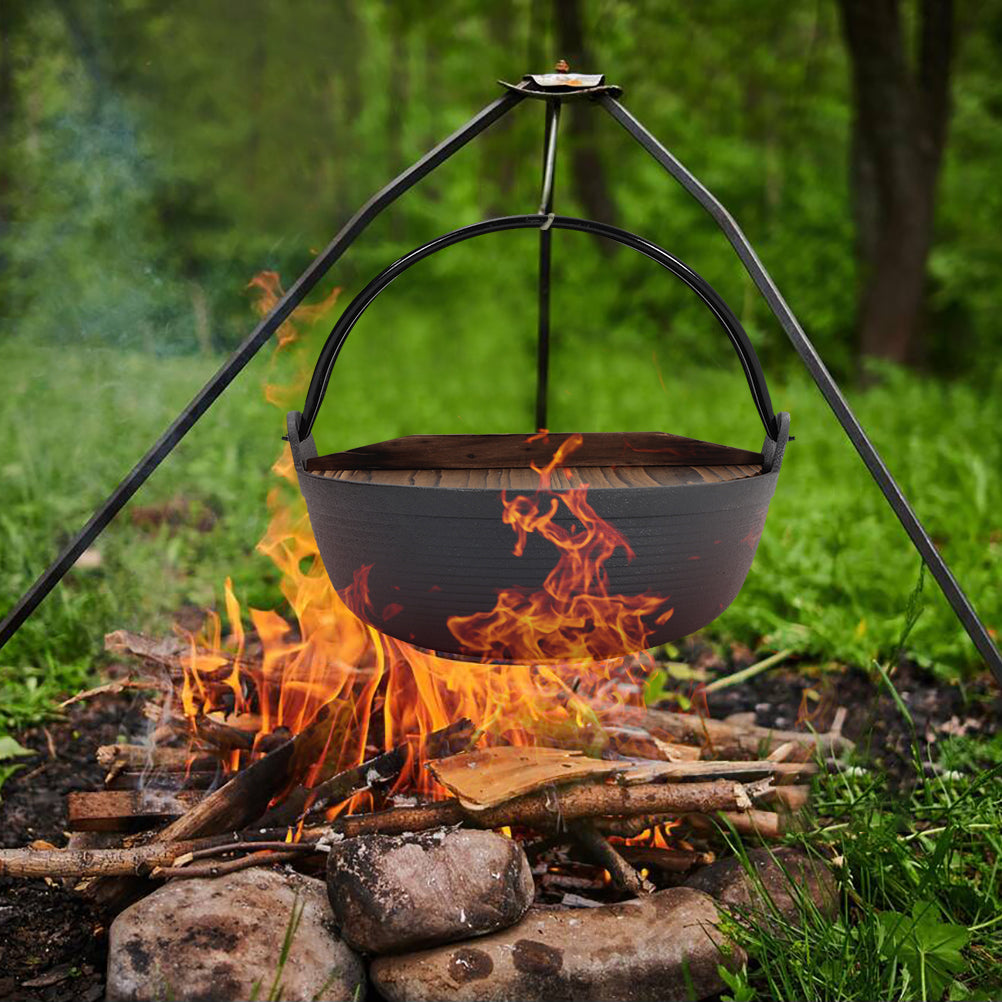 27cm/29cm Dia Cast Iron Pot With Wooden Lid For Campfire Cooking | Large | Black