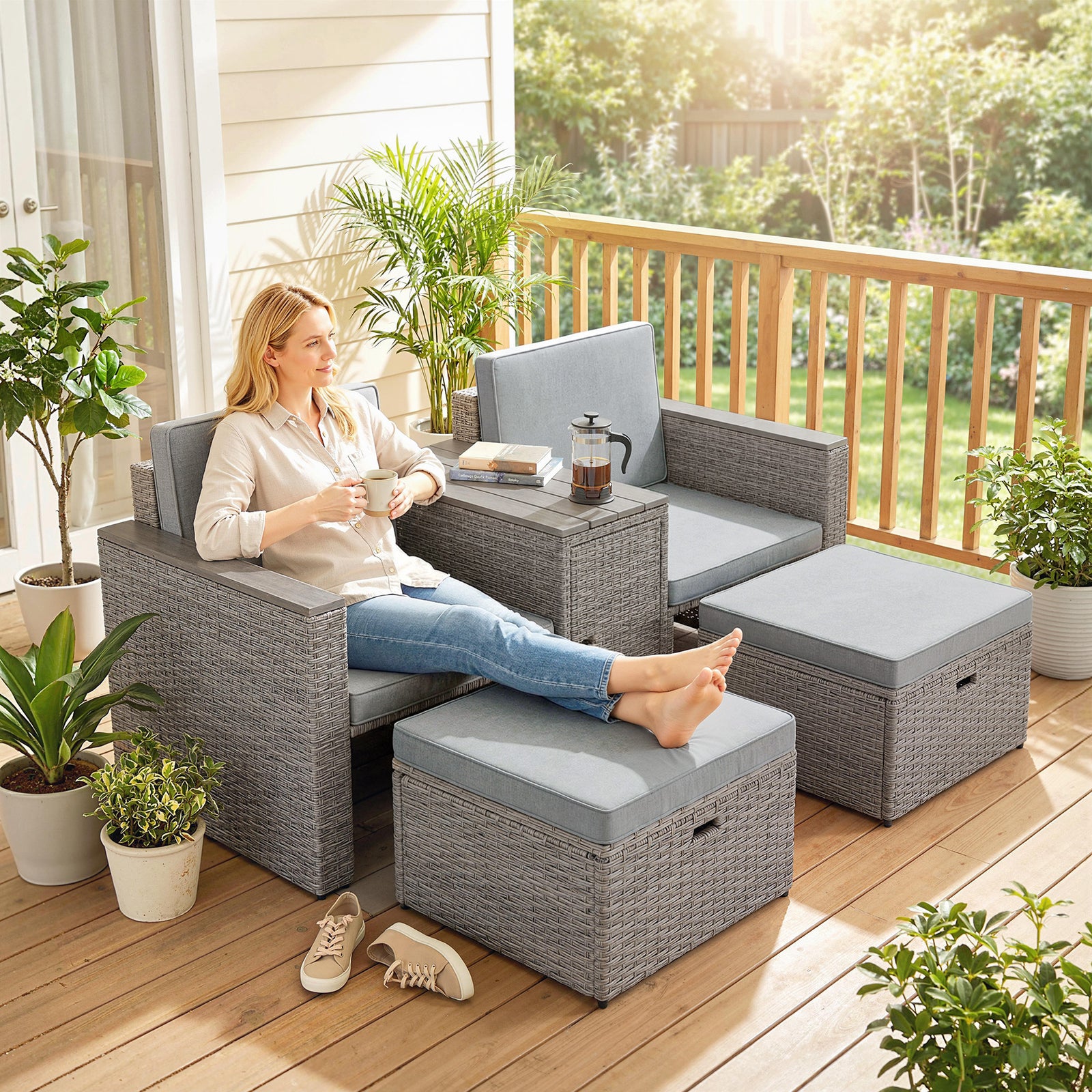 5 Piece Rattan Garden Furniture Set W/ Storage Table | Dark Grey