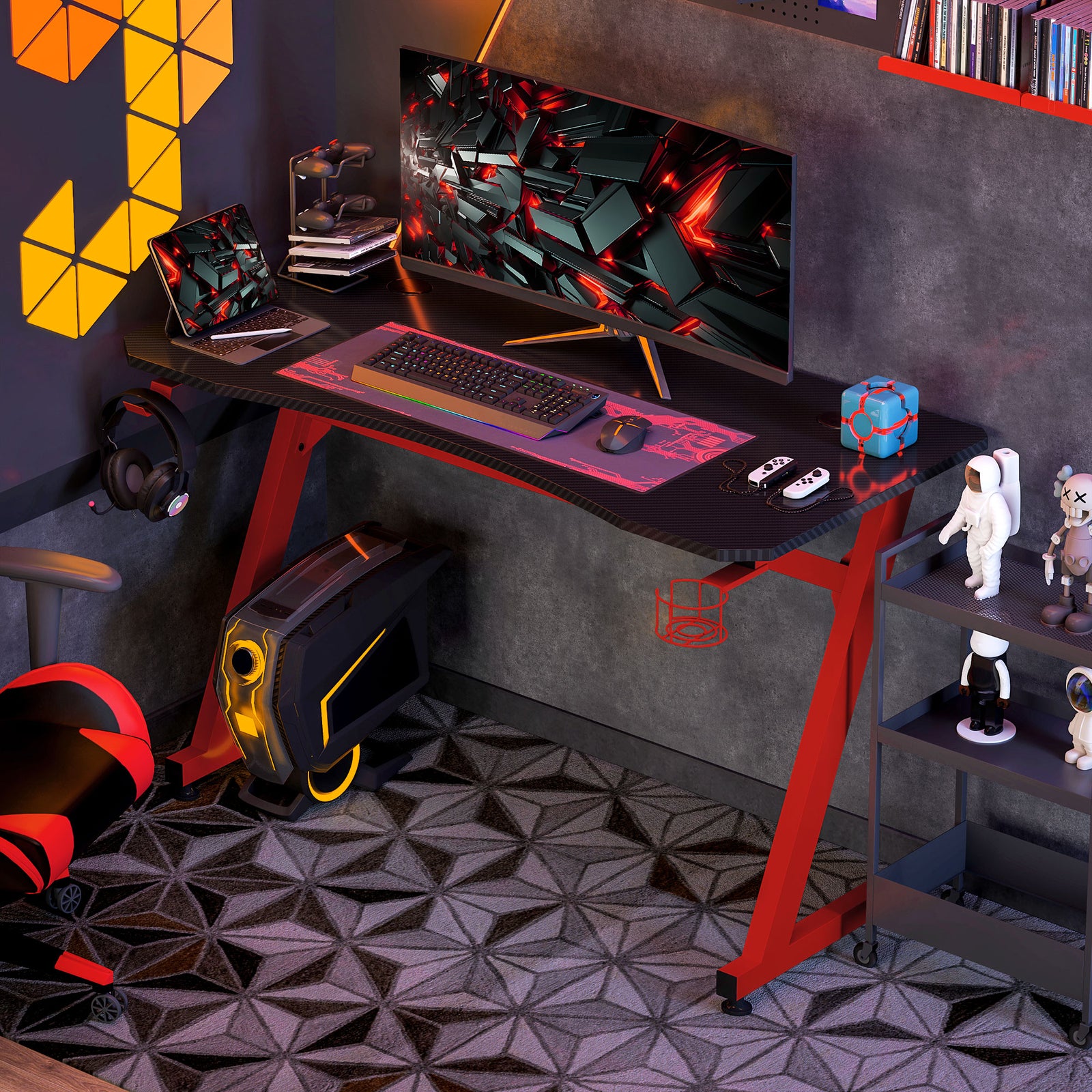 Gaming Desk Steel Frame Cup Holder Black | Red