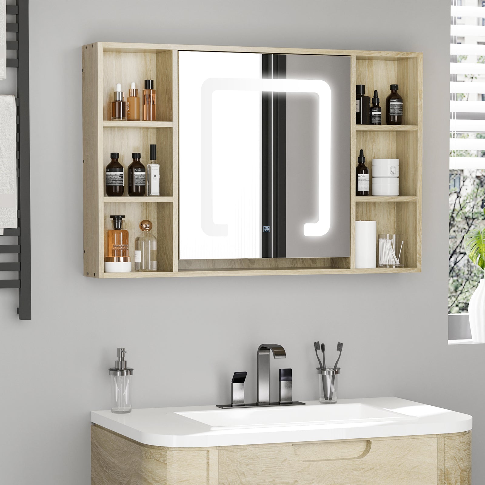Led Bathroom Mirror Cabinet Wall-mounted Adjustable Shelves