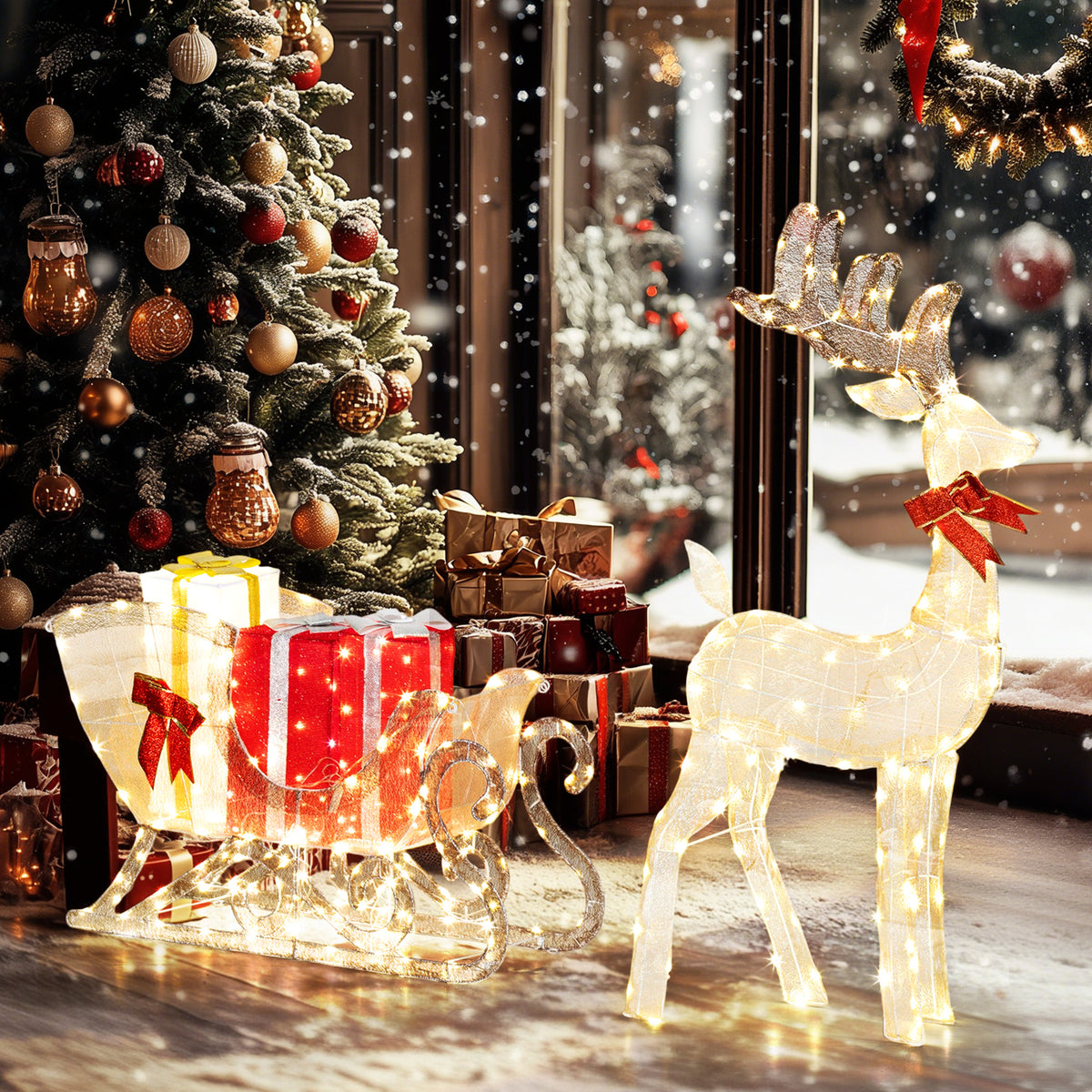 Outsunny Lighted Christmas Decoration, Outdoor Light Up Deer And Sleigh