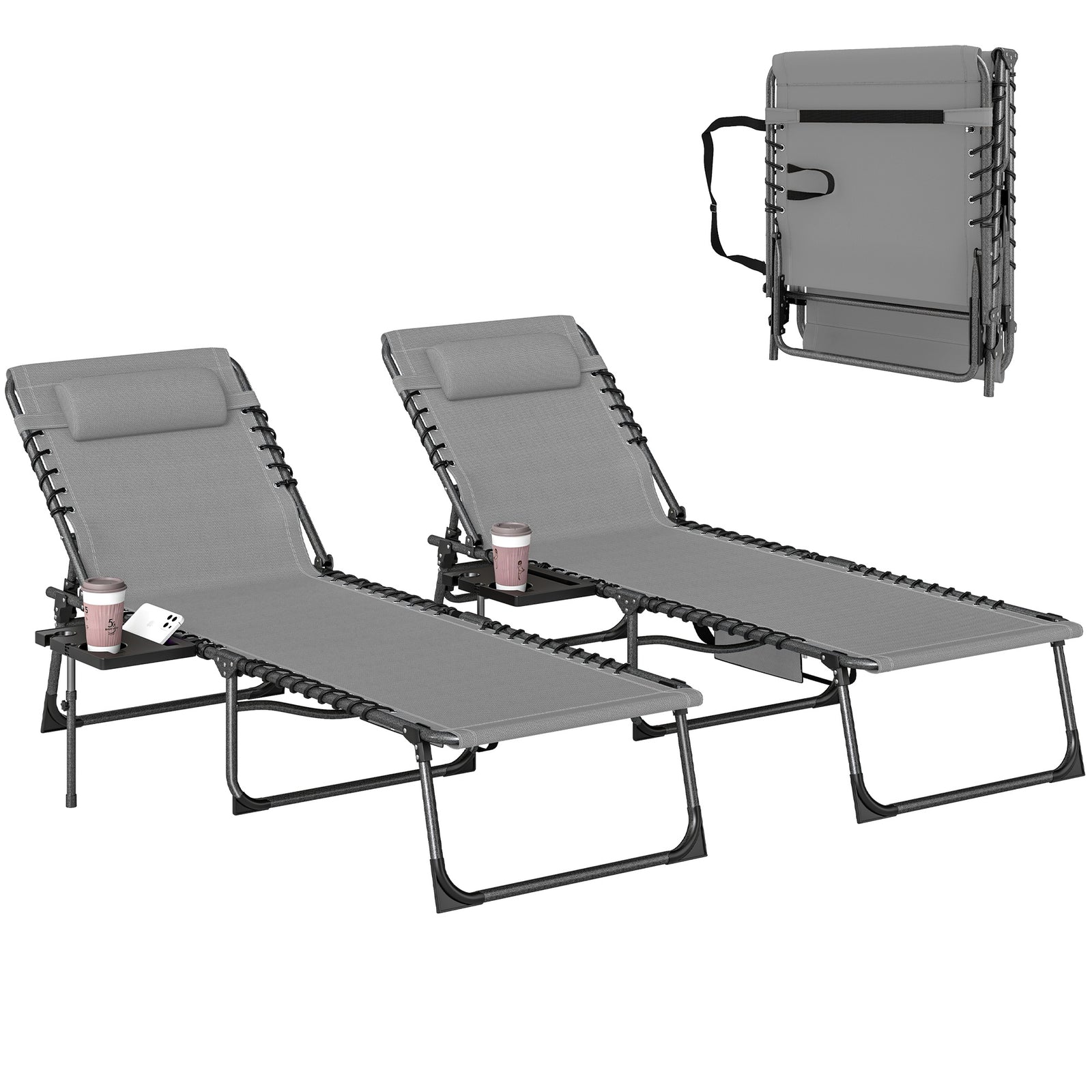 Folding Sun Loungers With 5-level Back, Cup Holder | Grey