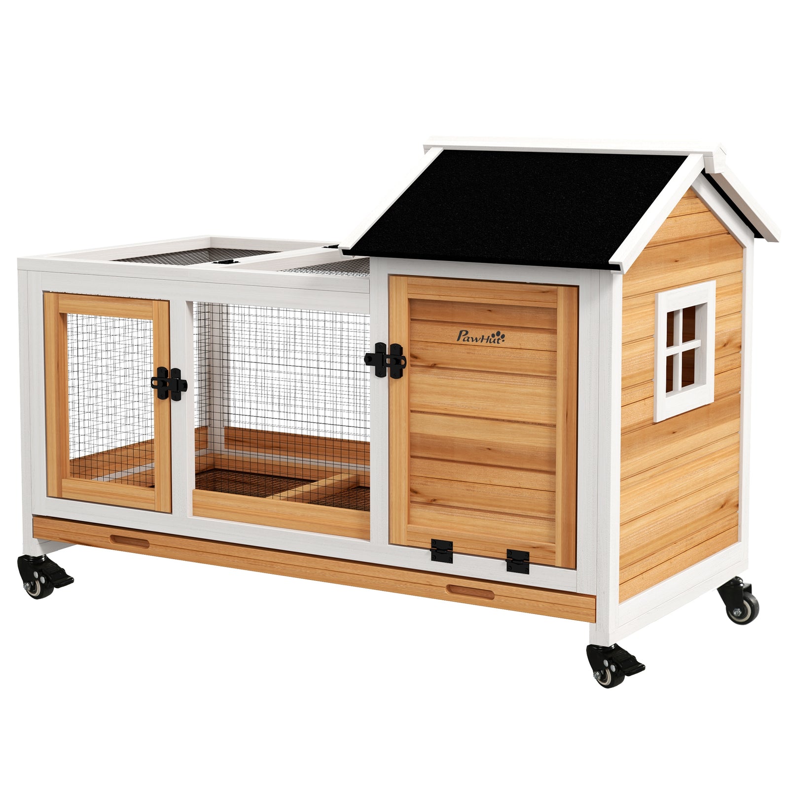 Wooden Rabbit Hutch, Small Animal  House W/ Wheels, Removable Tray | Yellow